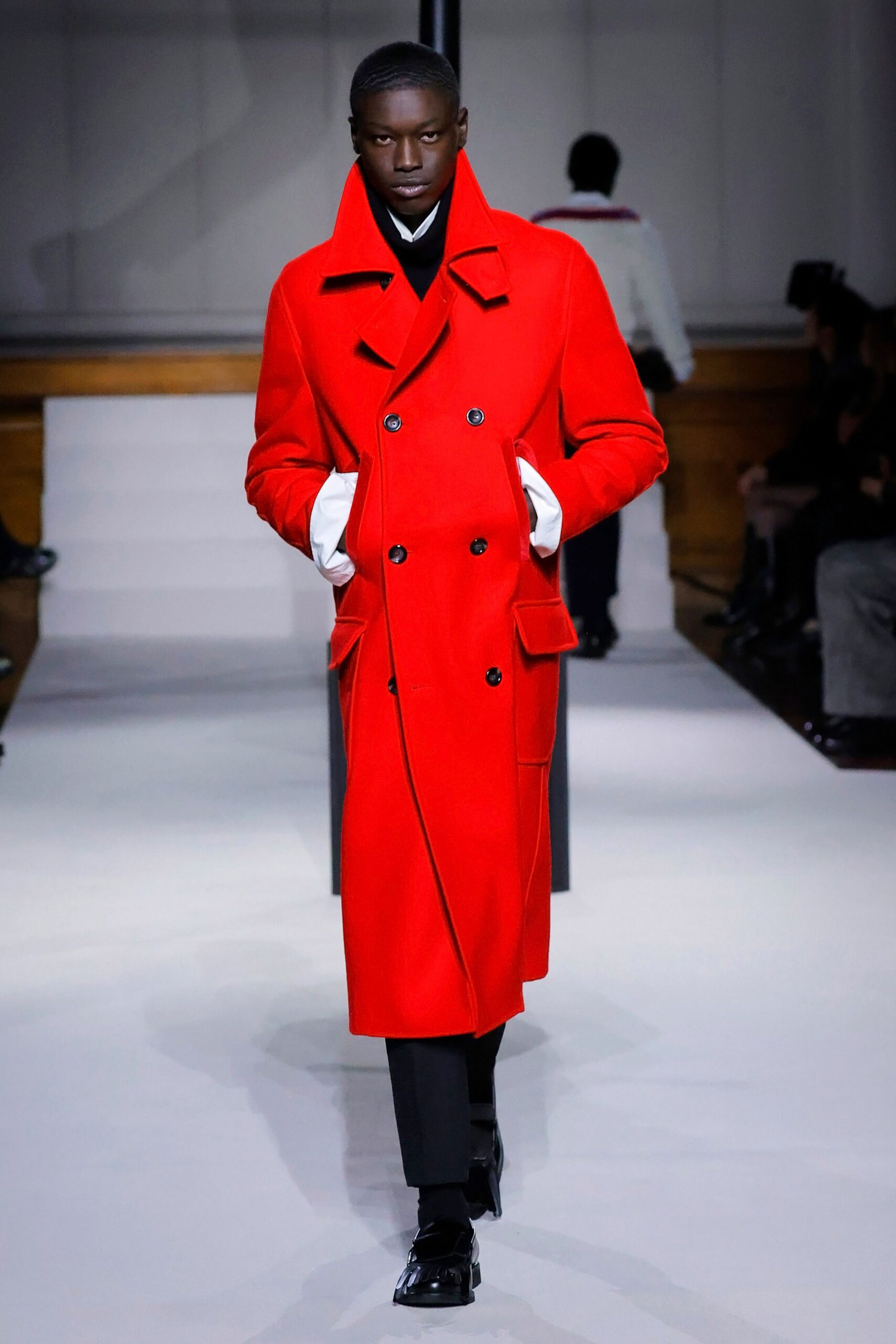 red wool long-sleeve collared structured coat