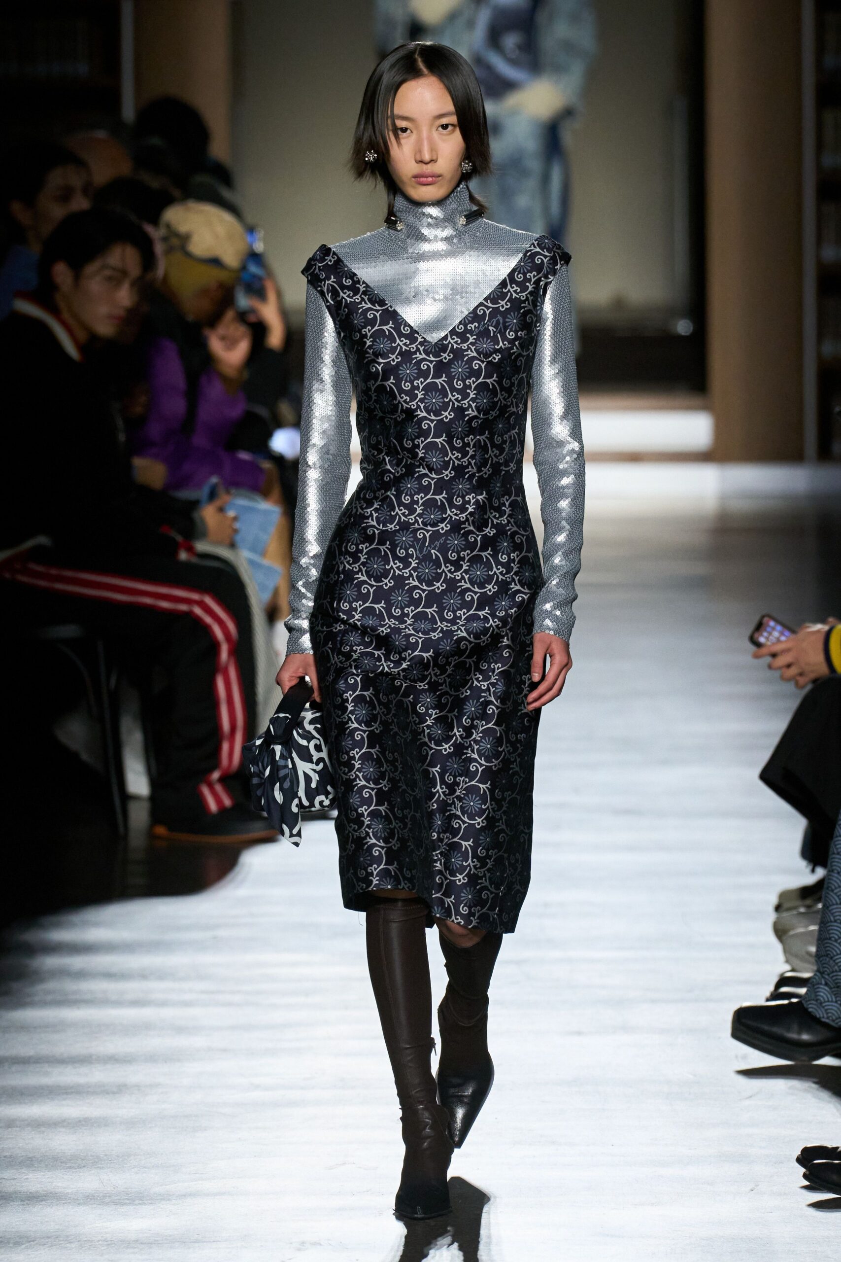 gray metallic long-sleeve high-neck fitted shiny top