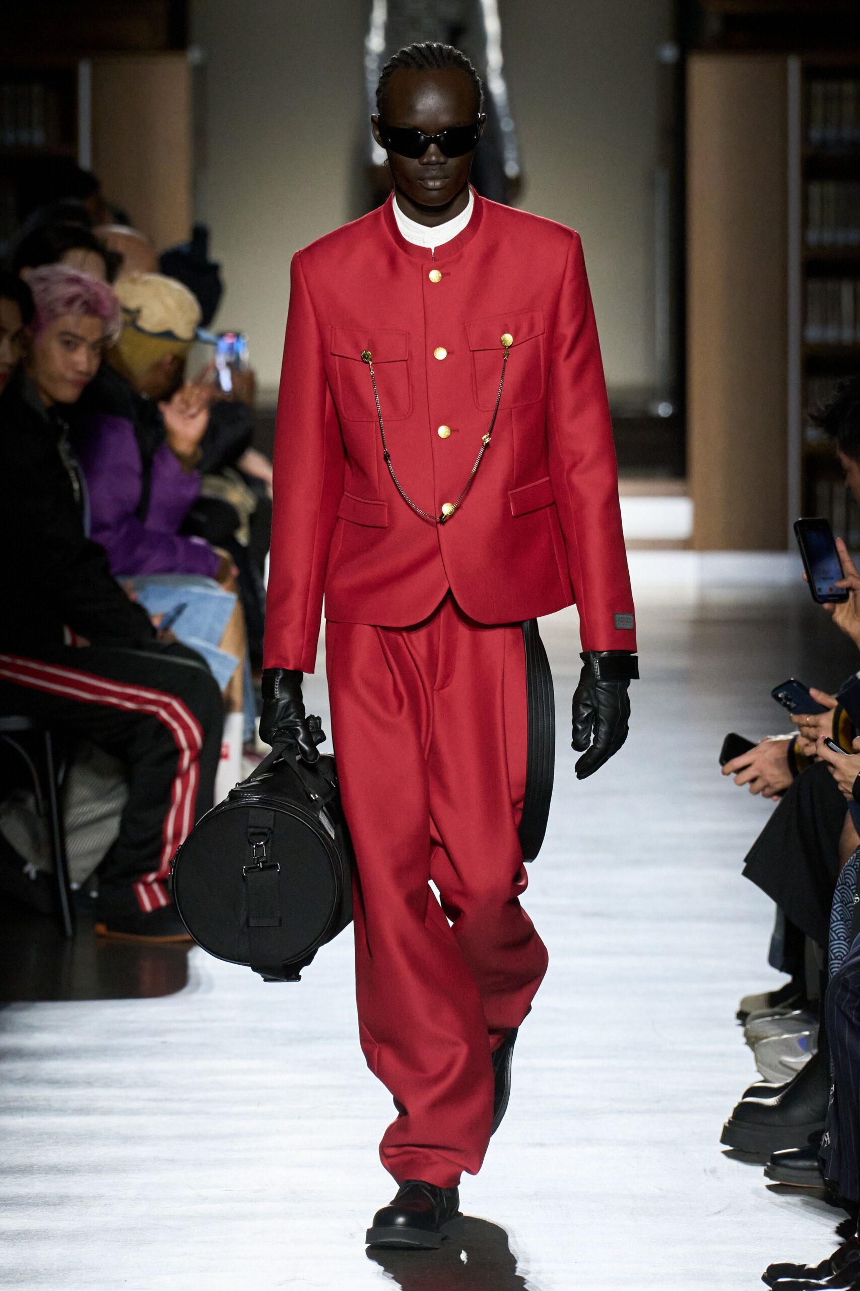 red cotton long-sleeve collared fitted buttoned suit