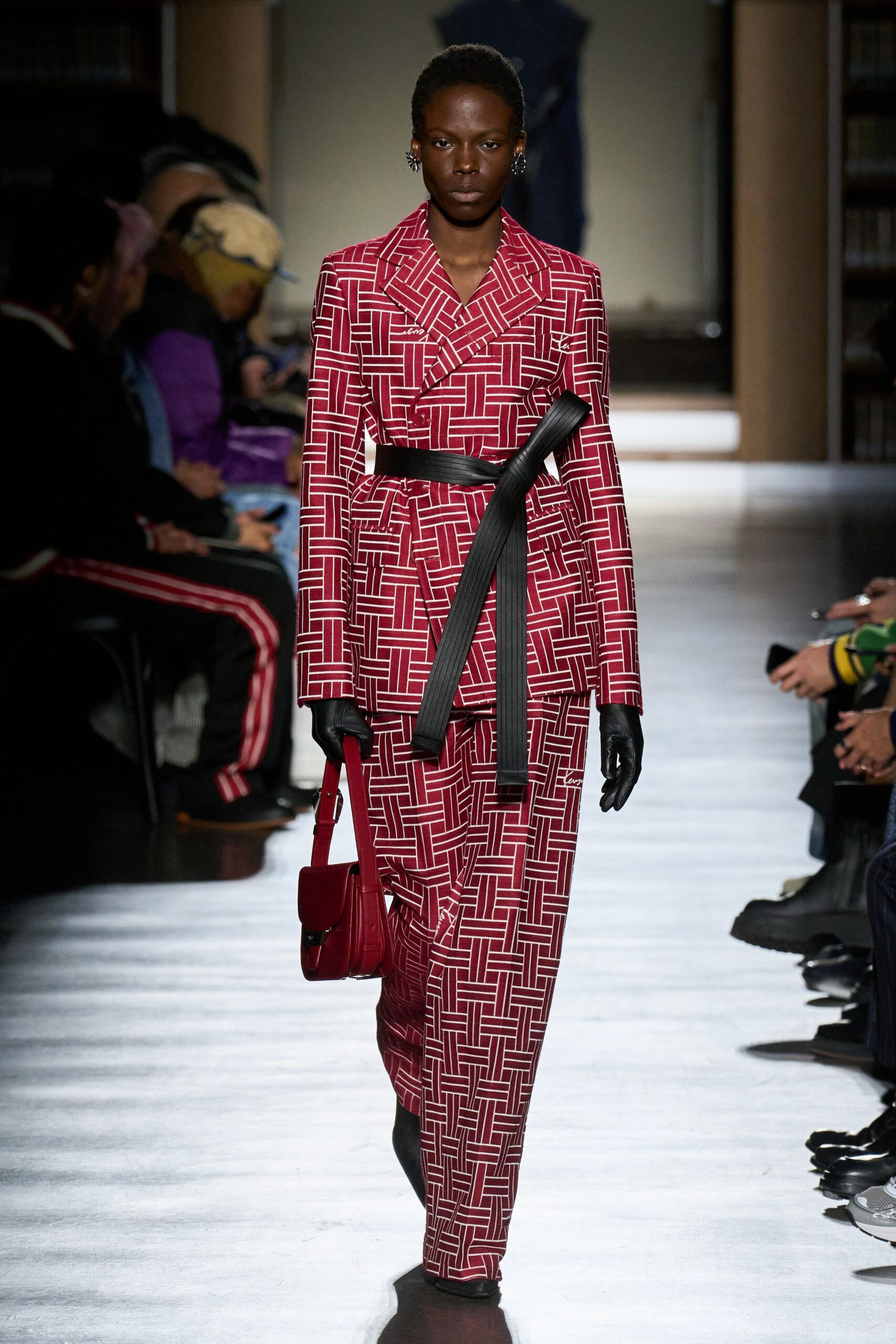 red cotton long-sleeve collared fitted printed belted suit