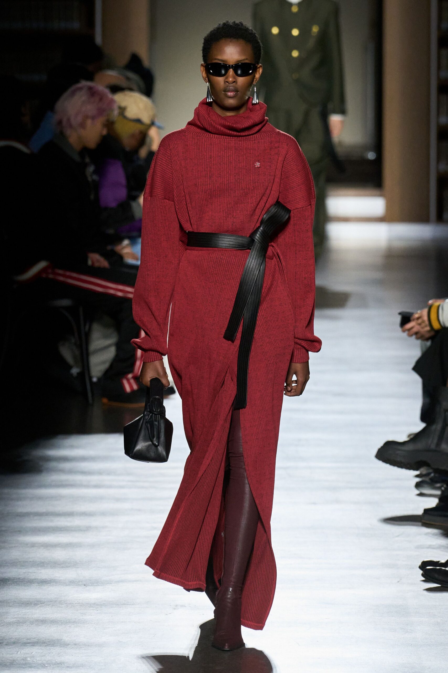 red knit long-sleeve turtleneck fitted belted maxi dress