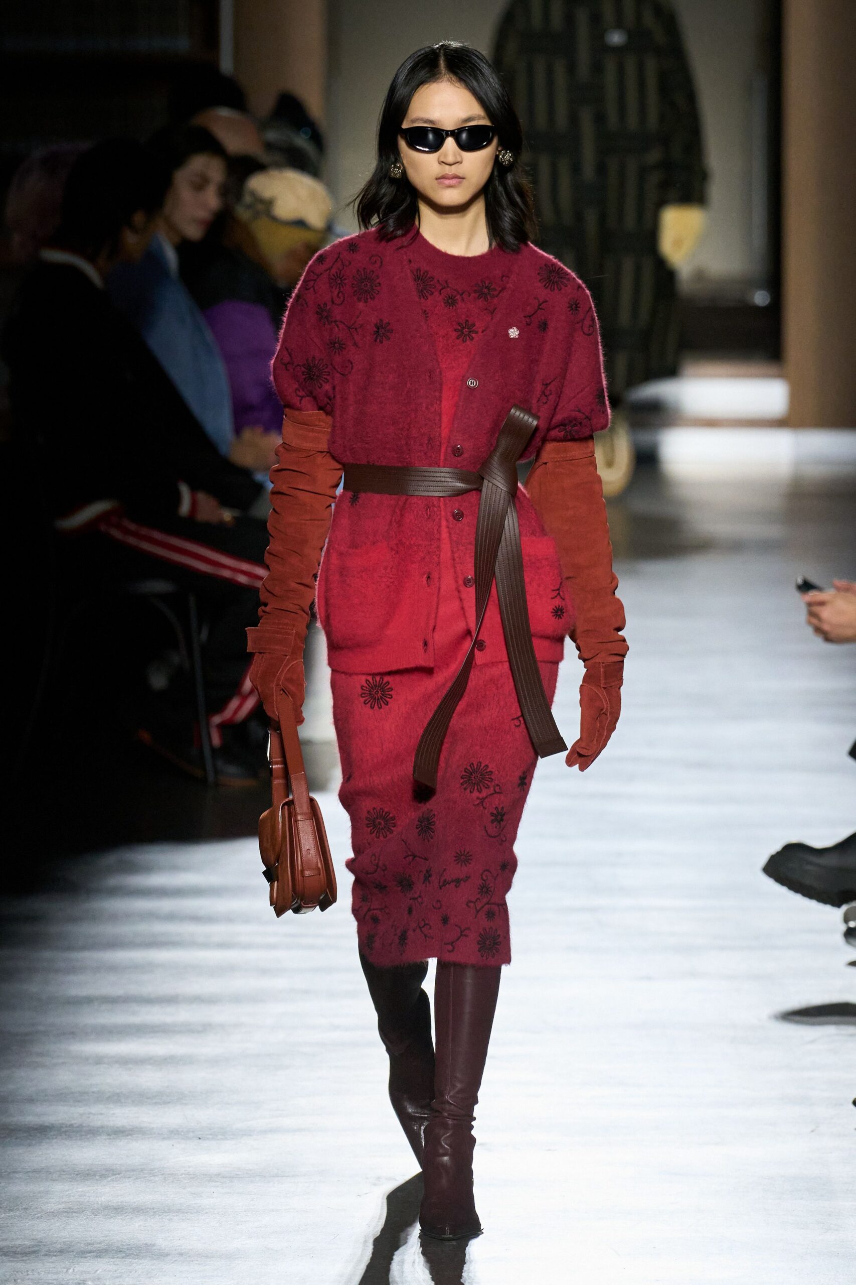 red wool short-sleeve collared fitted embroidered pencil dress