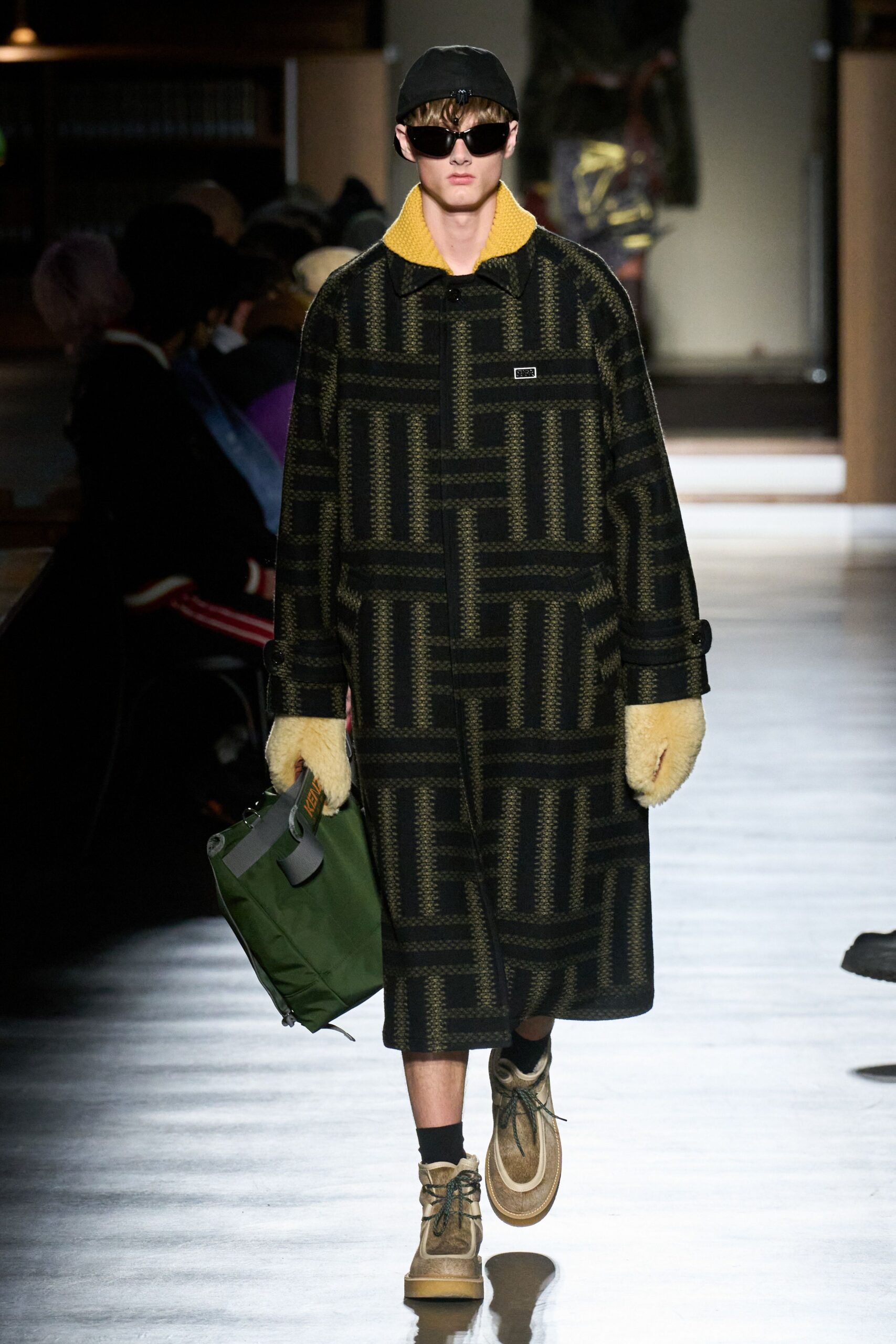 black cotton long-sleeve collared relaxed printed coat