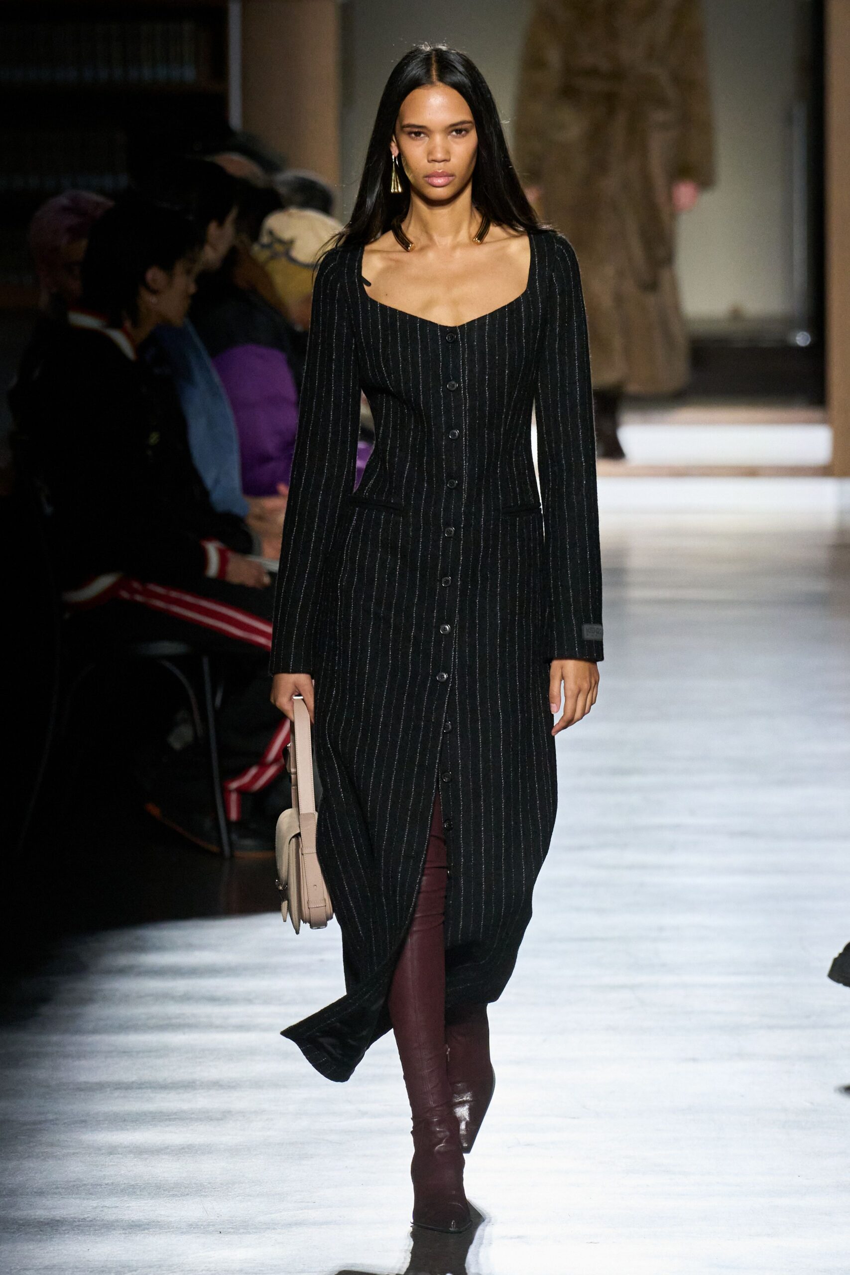 black cotton long-sleeve v-neck fitted striped buttoned dress