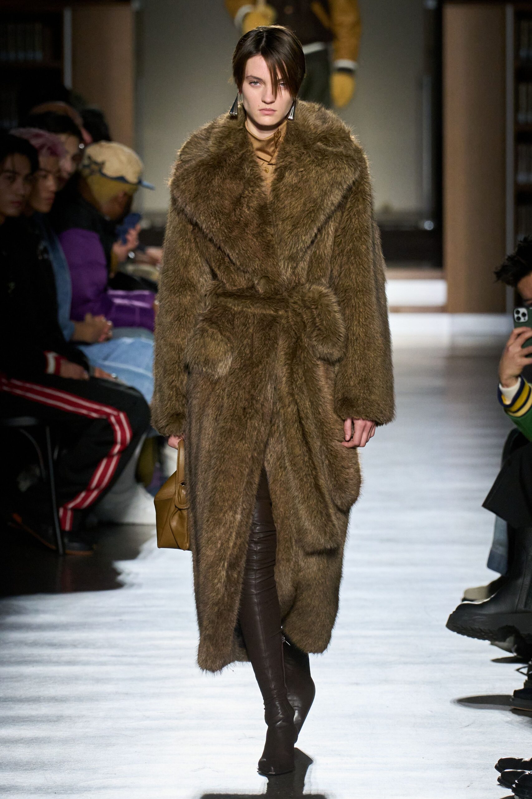 brown fur long-sleeve collared relaxed belted coat