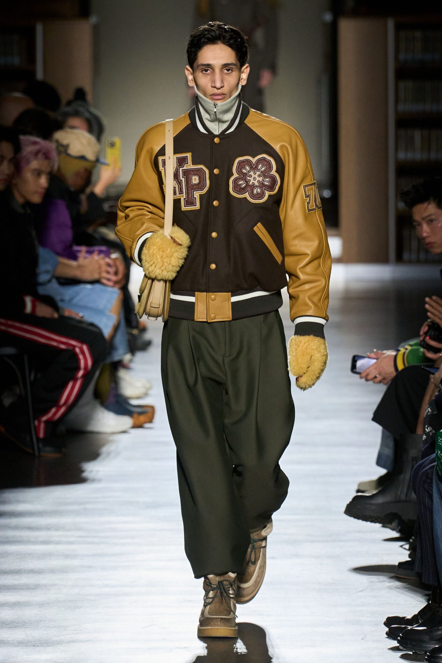 brown leather long-sleeve collared relaxed zippered color-blocked jacket