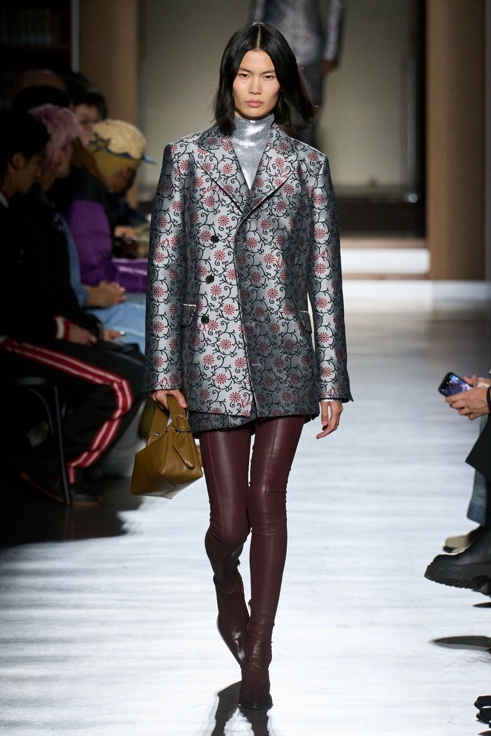 gray silk long-sleeve collared tailored embroidered blazer
