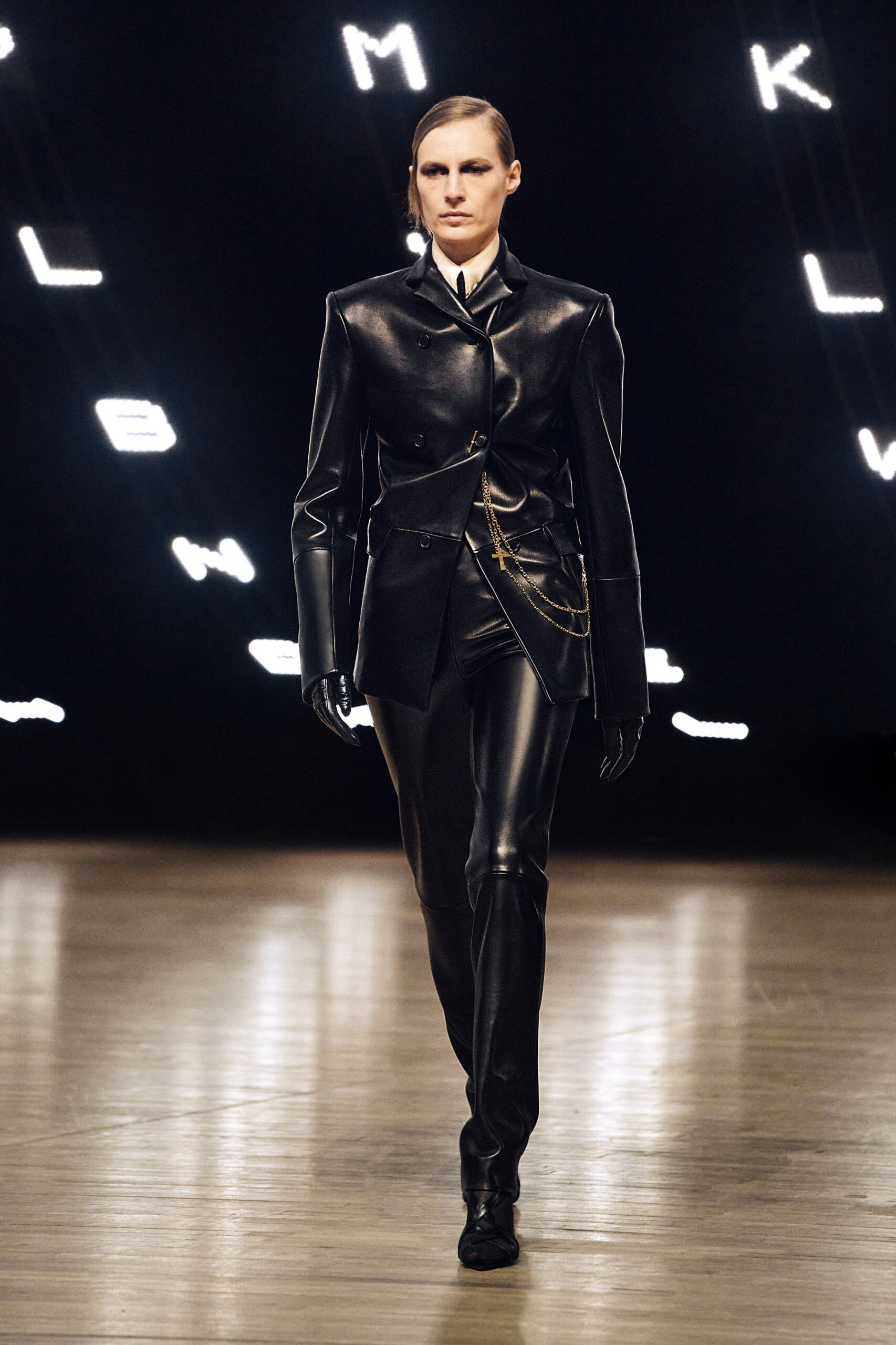 black leather fitted straight-leg pants