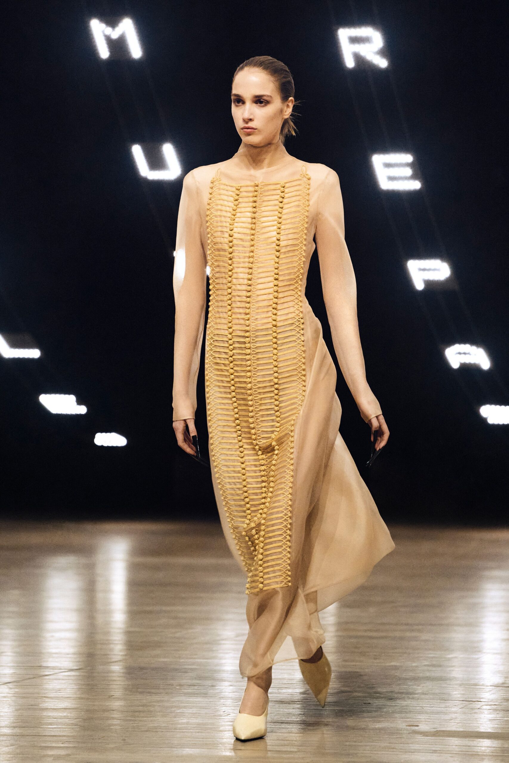 beige silk long-sleeve v-neck fitted layered embellished dress
