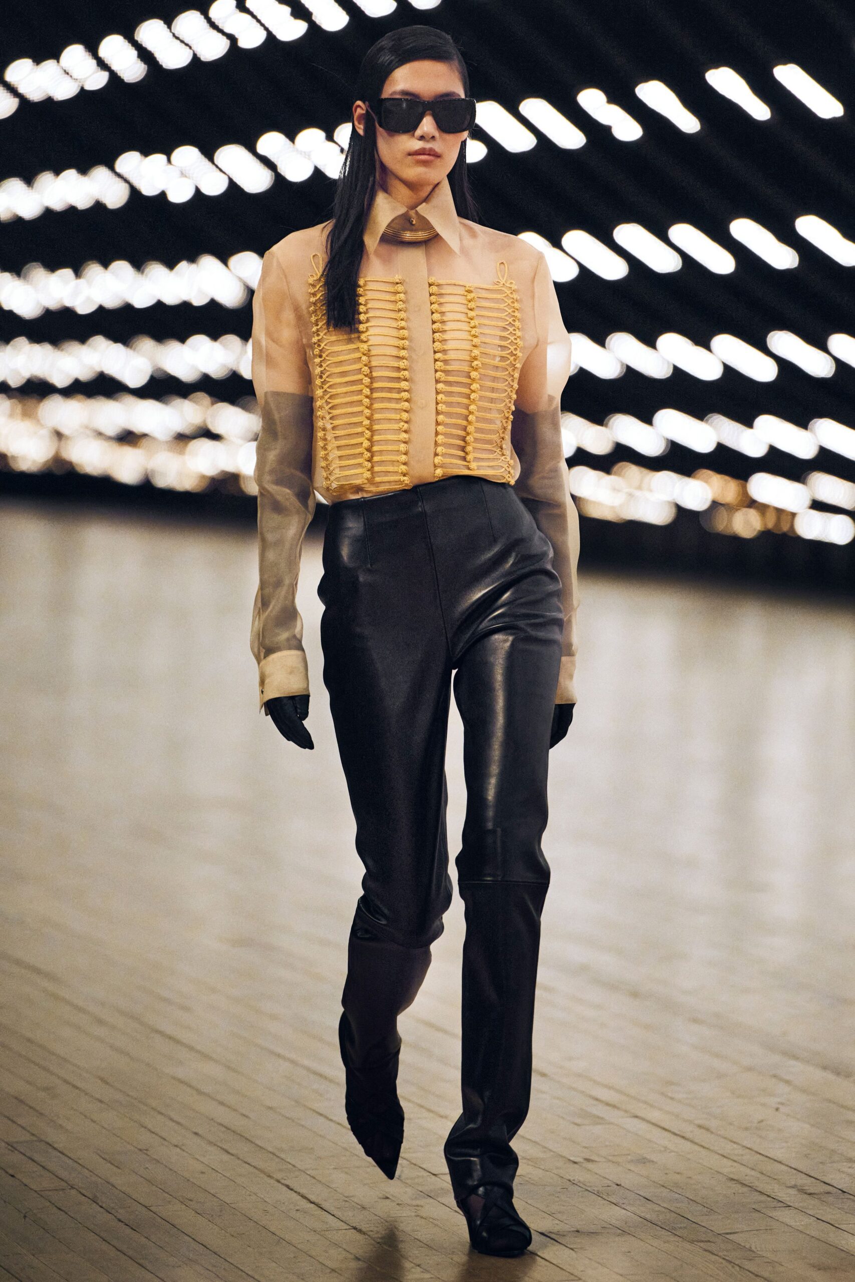 beige silk long-sleeve collared fitted pleated top