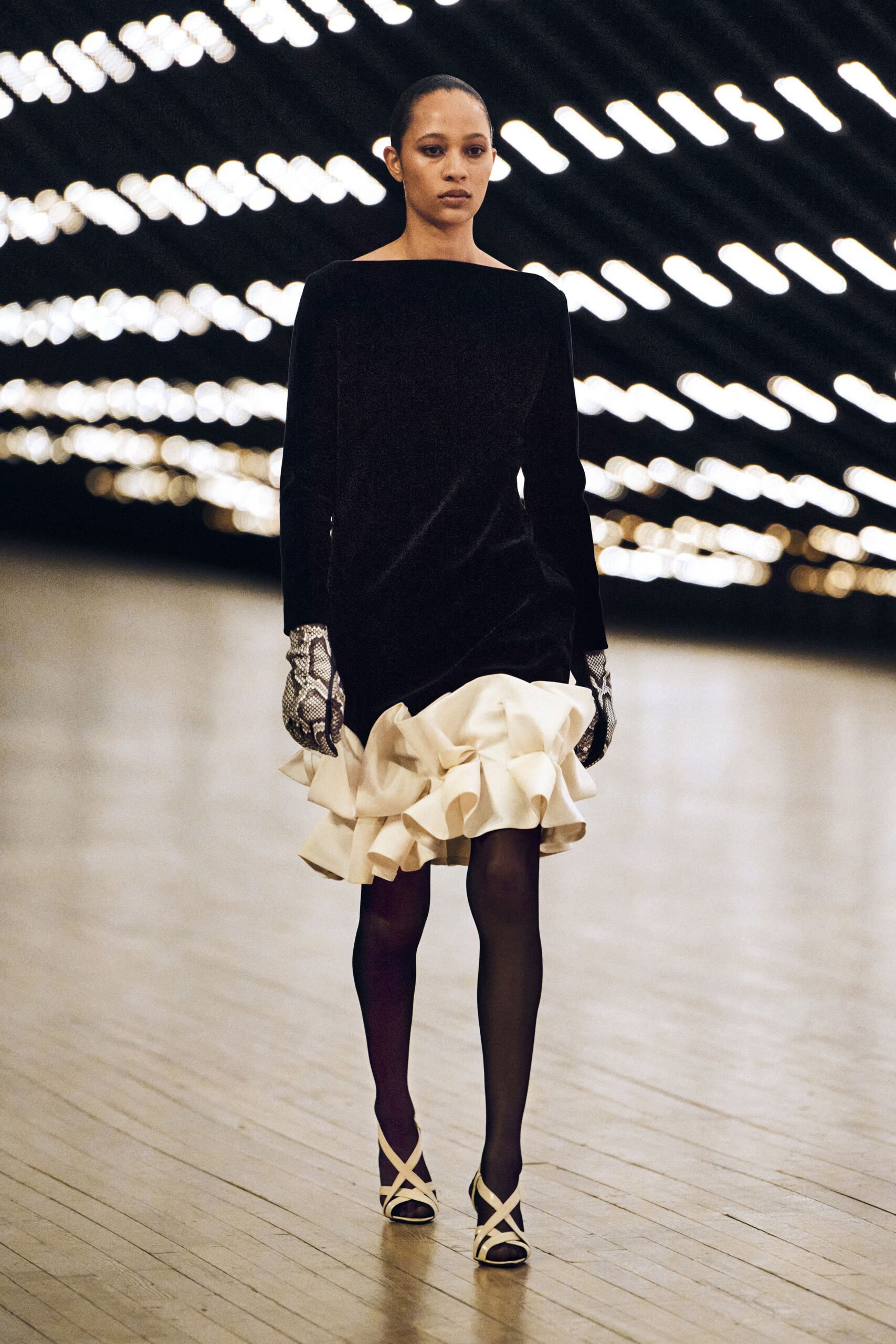 black velvet long-sleeve off-shoulder fitted ruffled layered dress