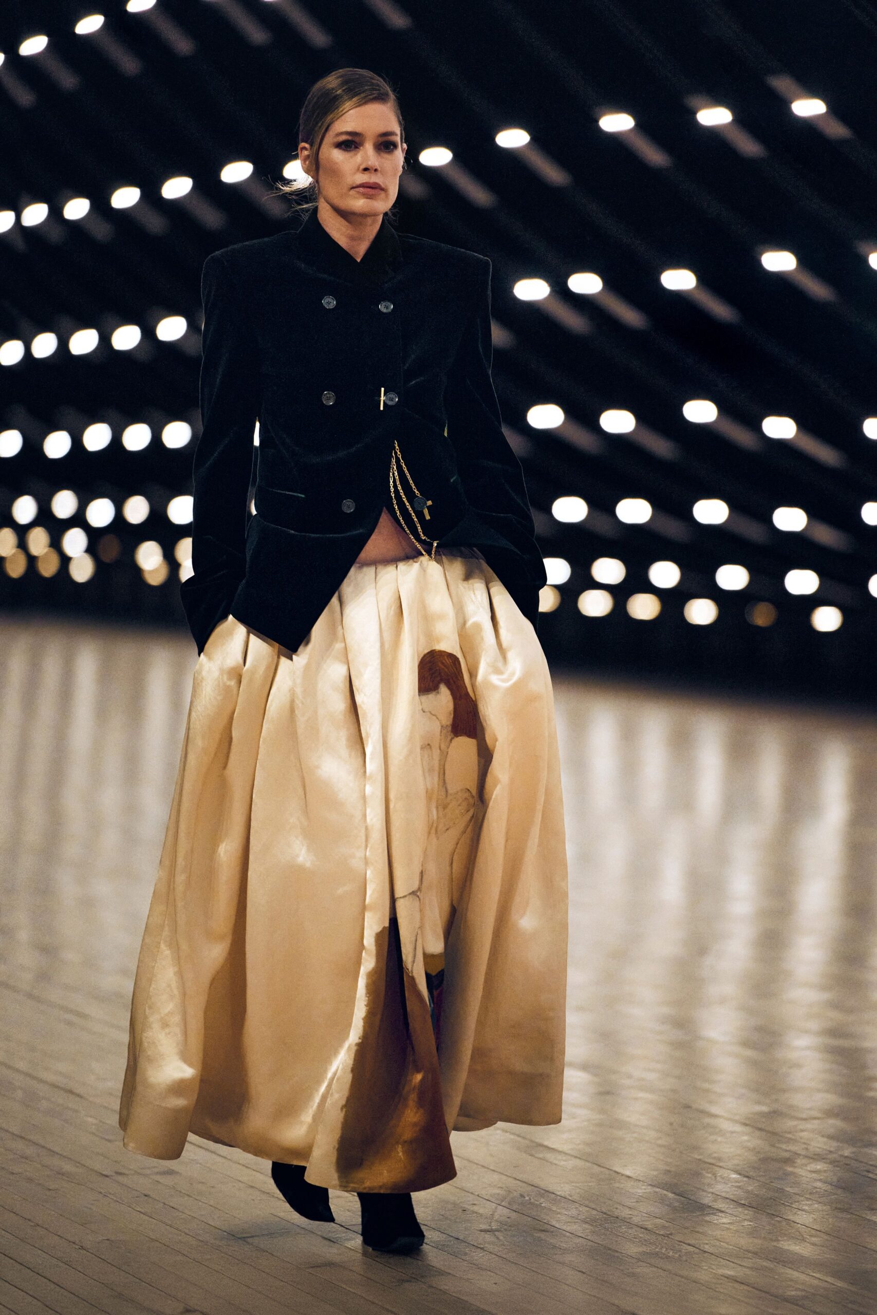 beige silk fitted pleated flowing maxi skirt