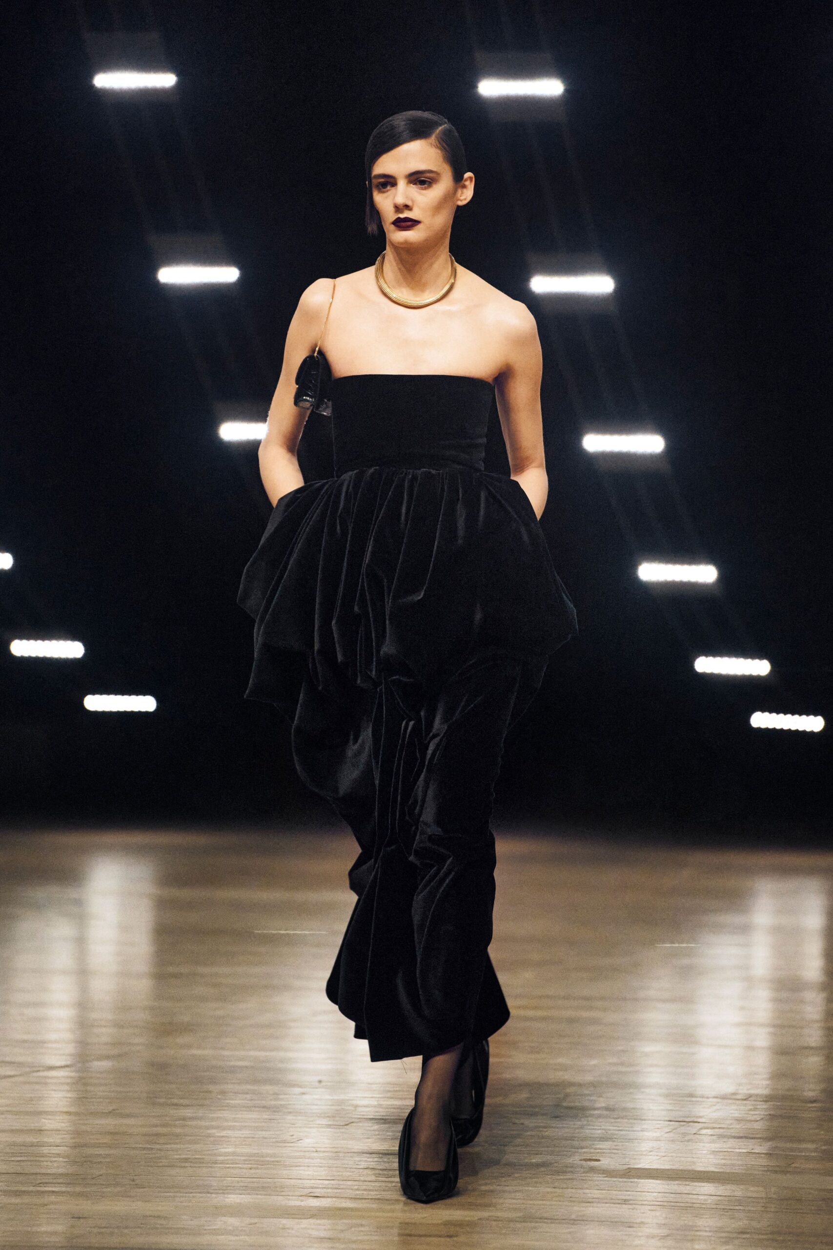 black velvet sleeveless v-neck fitted pleated maxi gown