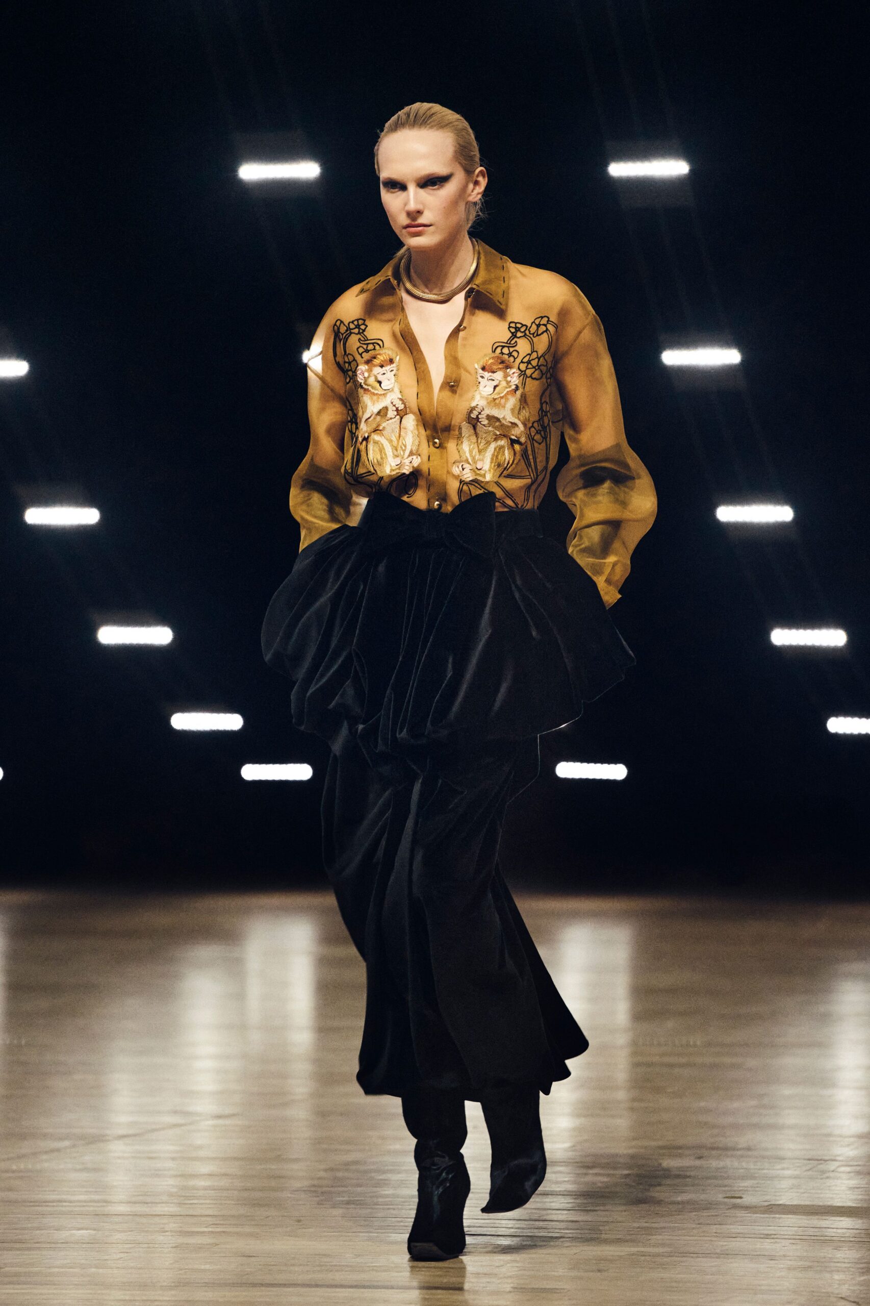 yellow silk long-sleeve collared fitted embroidered shirt
