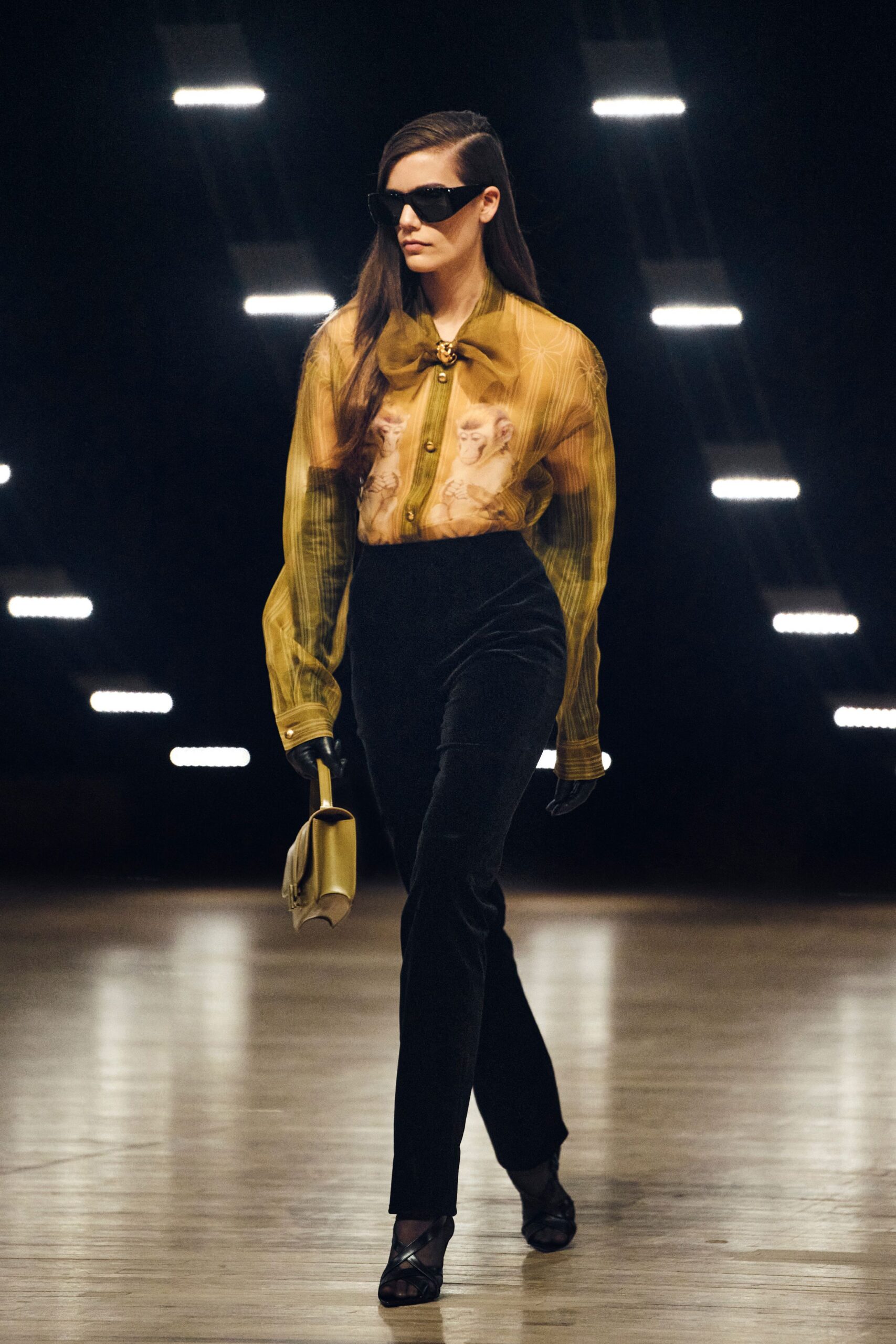 yellow silk long-sleeve collared fitted printed sheer shirt