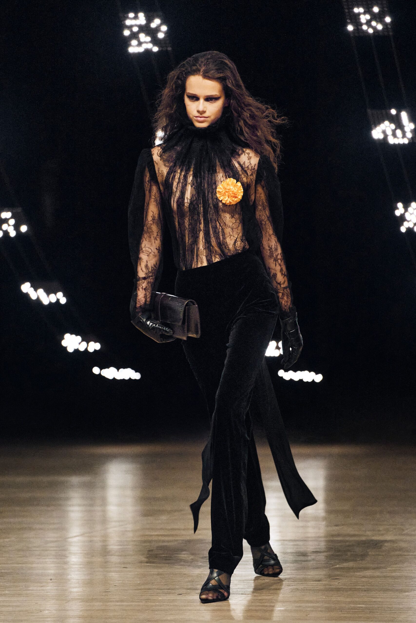 black lace long-sleeve high-neck fitted ruffled sheer top