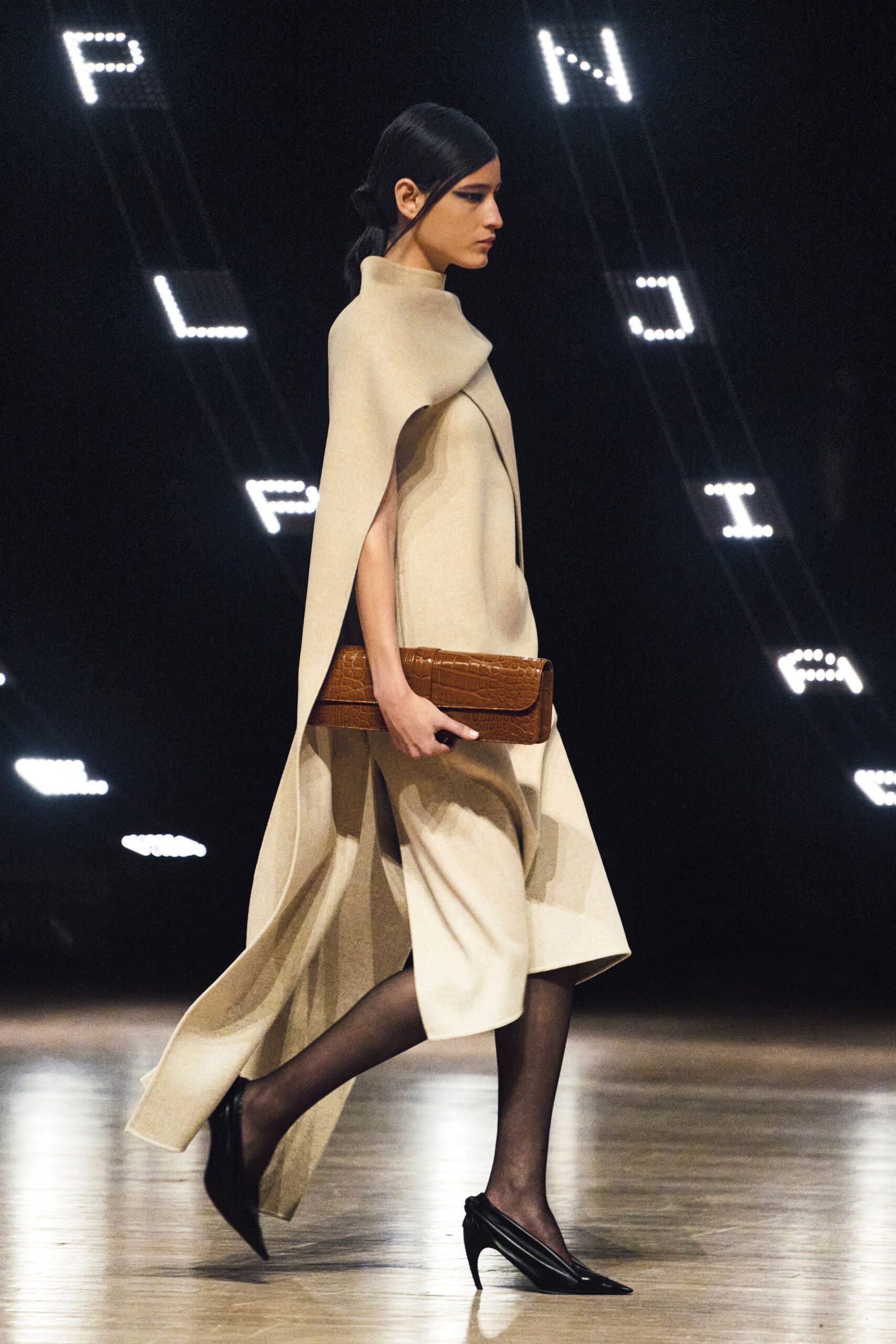 beige wool sleeveless high-neck relaxed layered midi dress