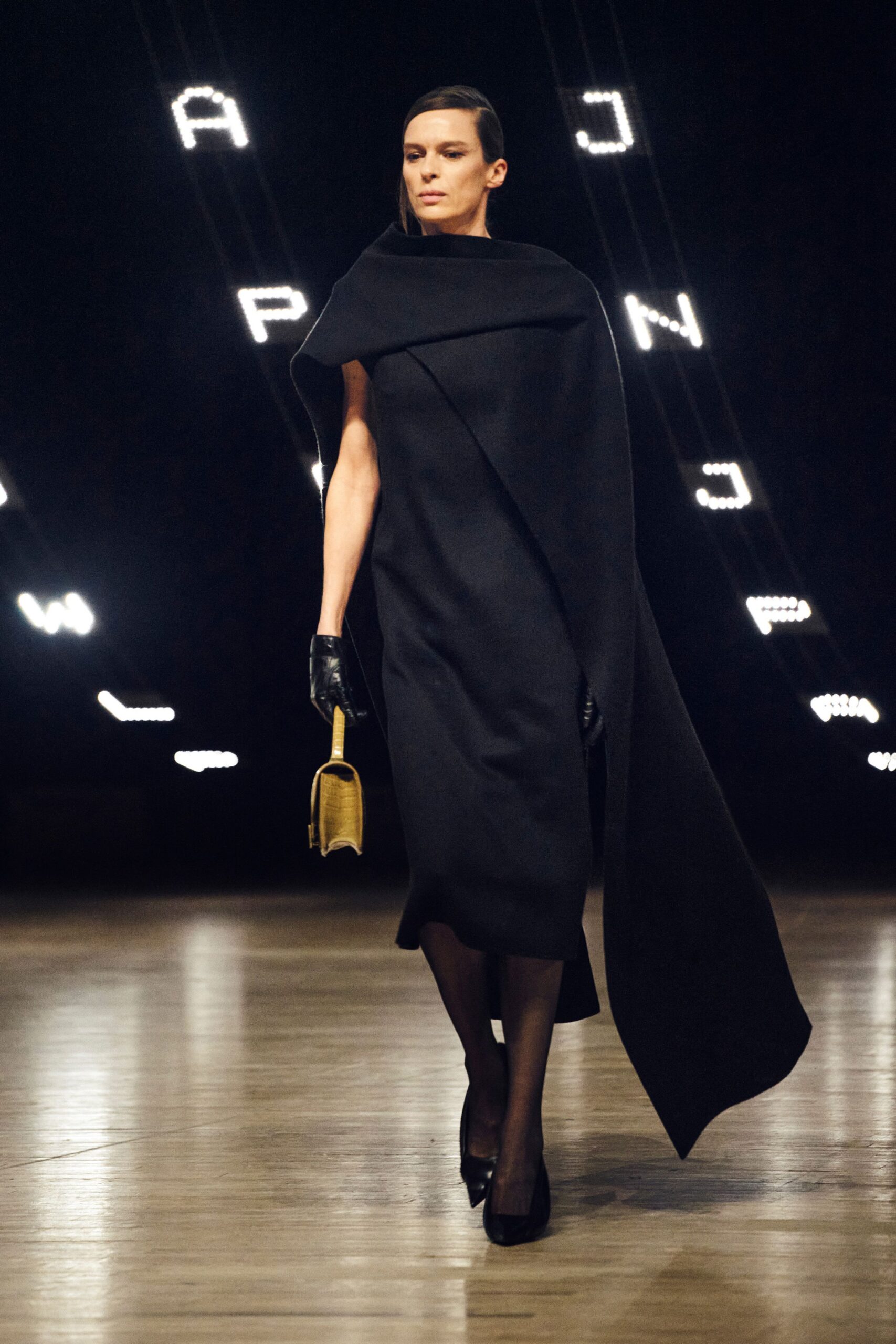black wool sleeveless high-neck fitted midi dress
