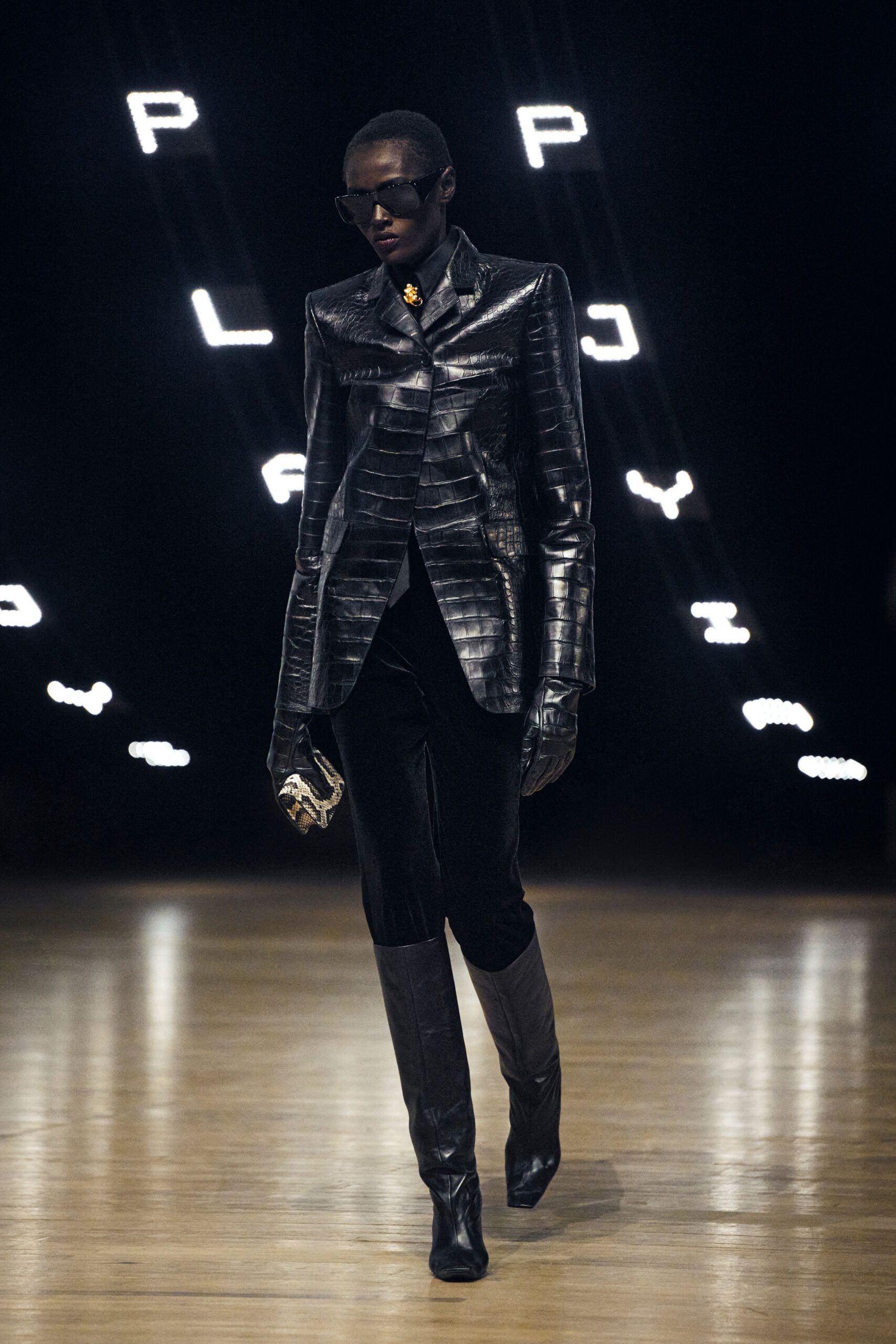 black leather long-sleeve collared tailored textured blazer