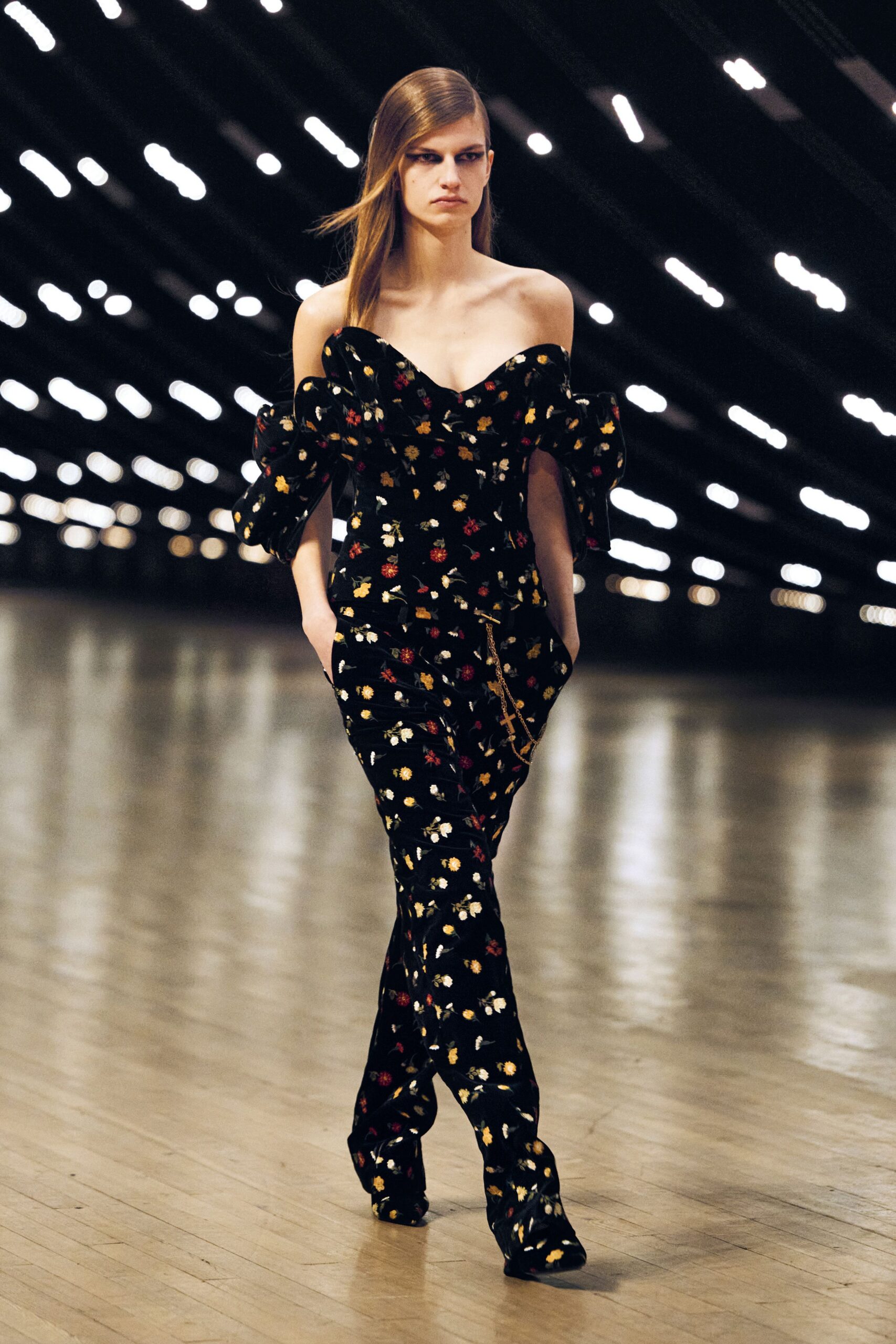 black cotton off-shoulder short-sleeve fitted floral zippered jumpsuit