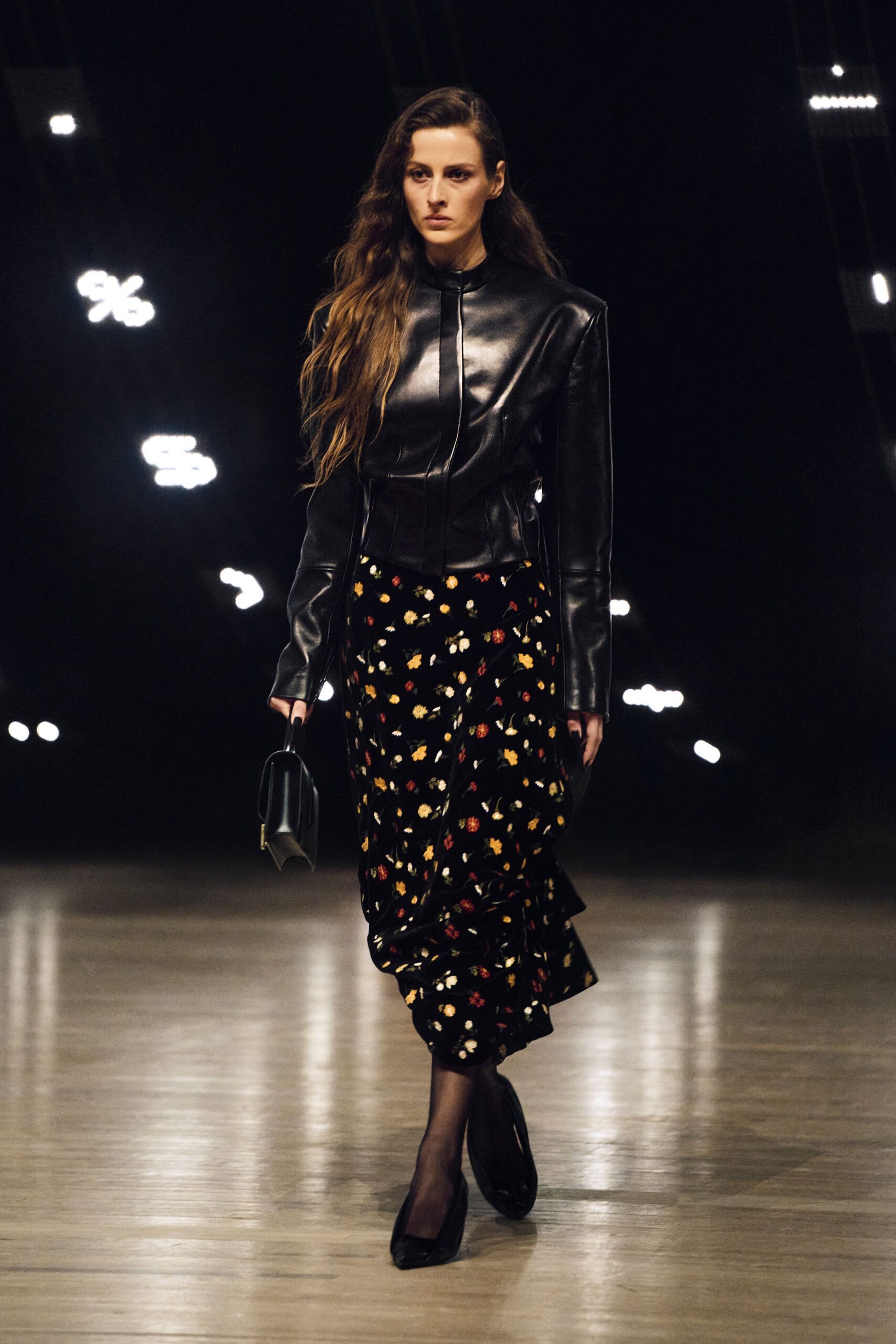 black fitted flared tiered midi skirt