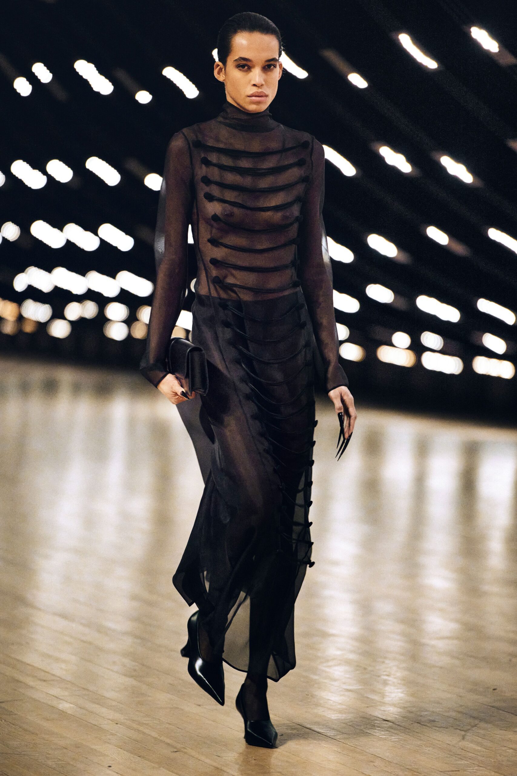 black silk long-sleeve high-neck fitted layered gown