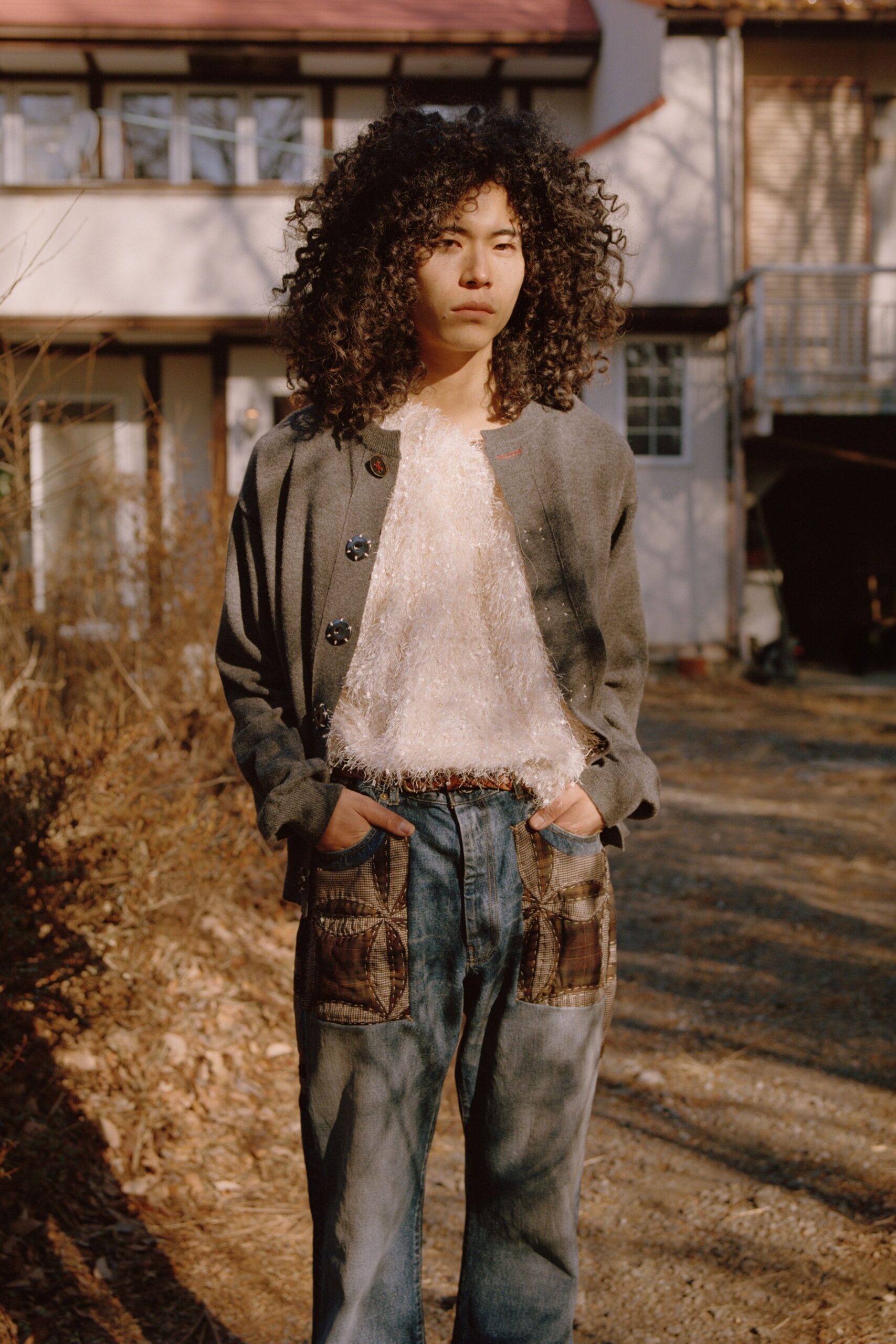 gray wool jacket with white top