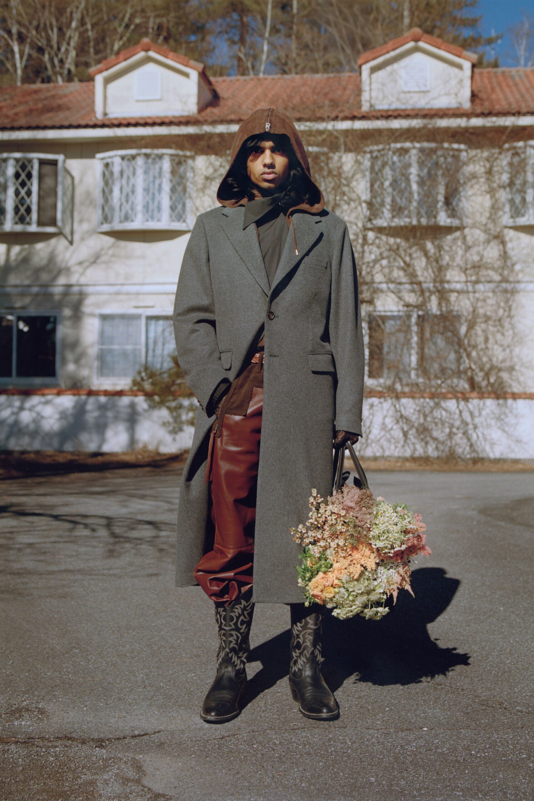 gray wool coat with black hoodie