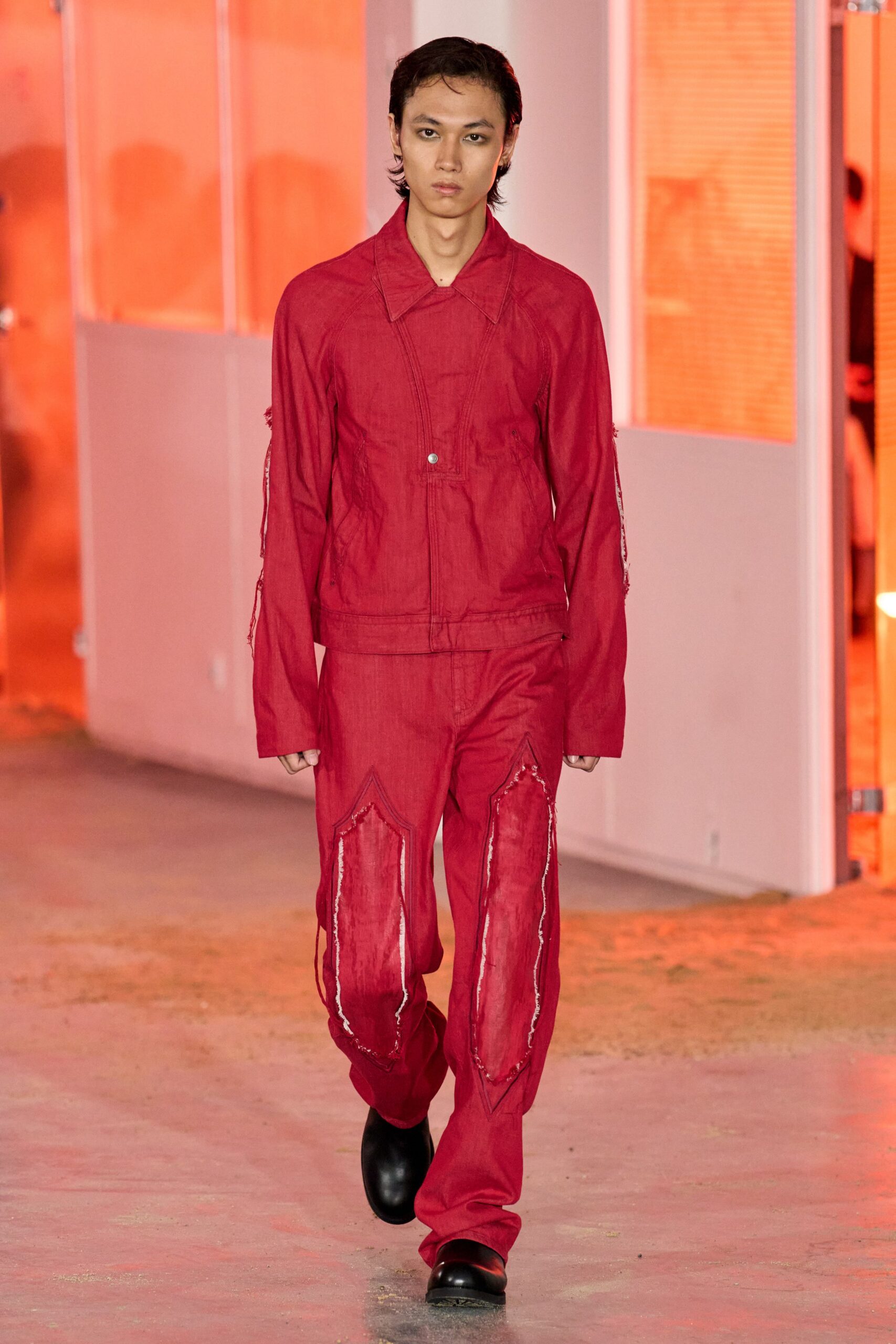 red cotton long-sleeve collared fitted zippered jacket