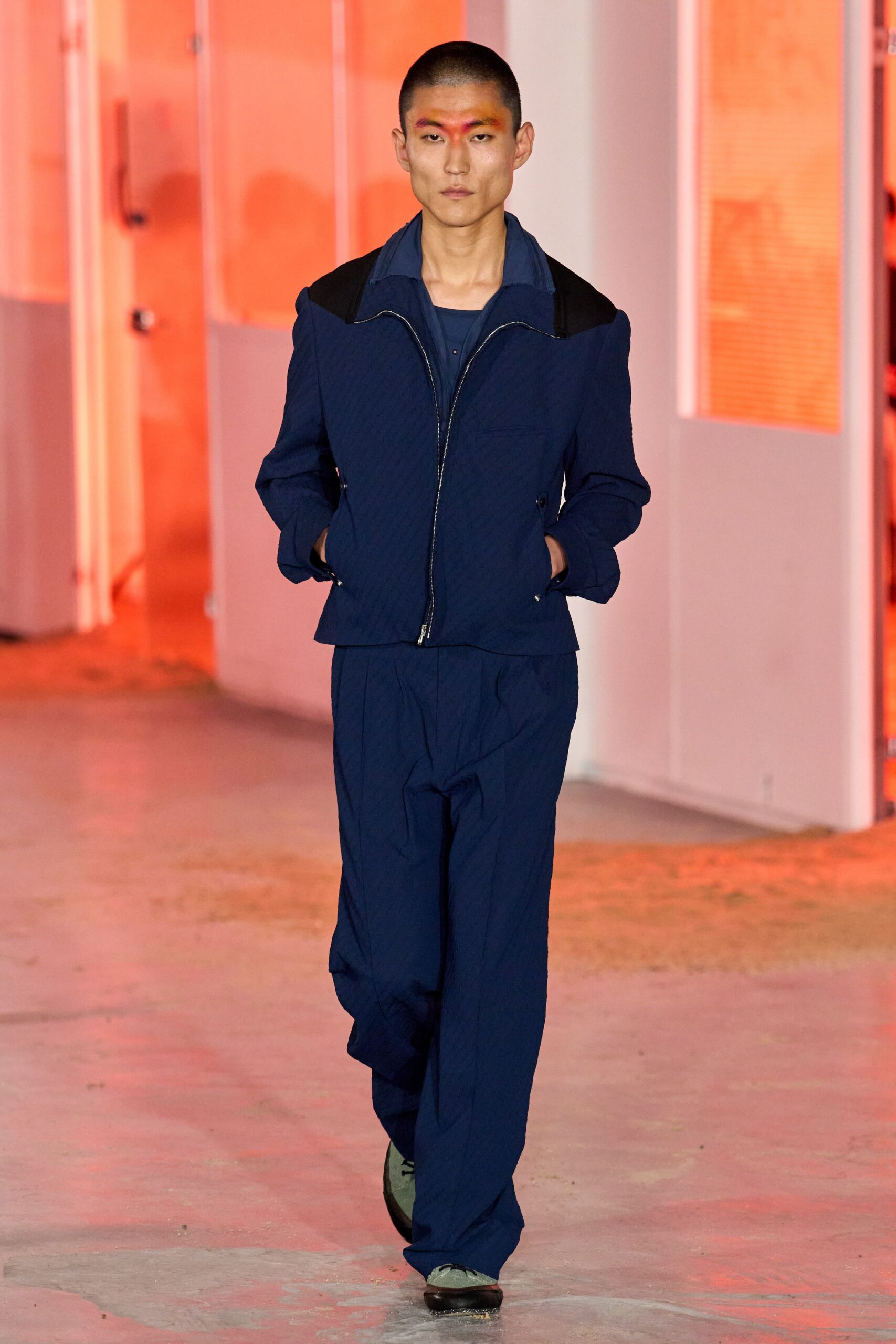 blue cotton long-sleeve collared fitted zippered quilted jacket