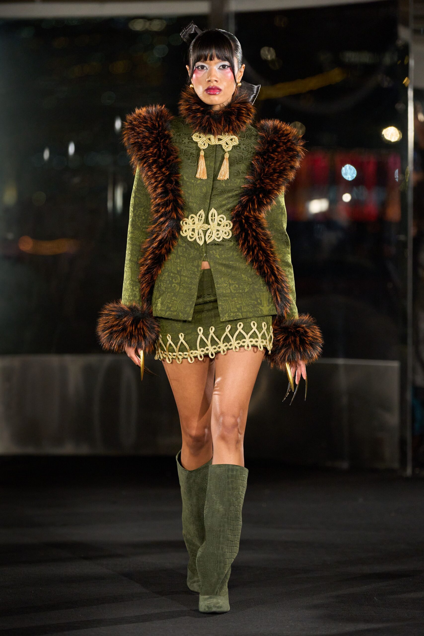 green cotton long-sleeve collared fitted embroidered fringed jacket