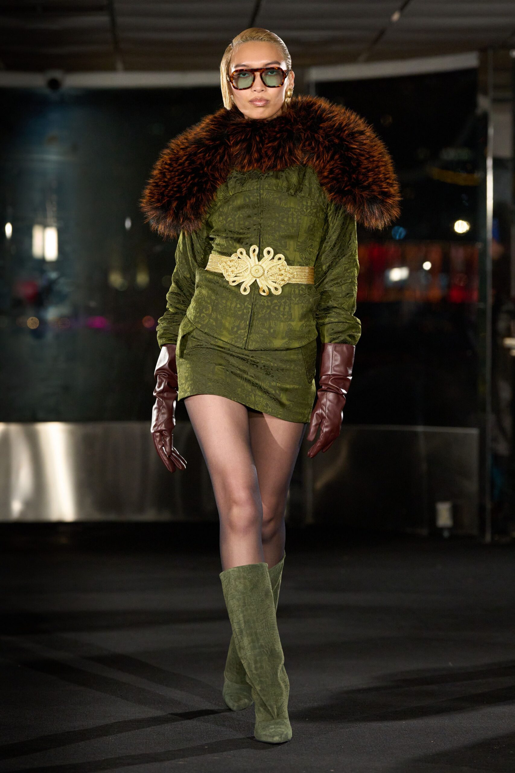 green velvet long-sleeve collared fitted ruched mini dress
