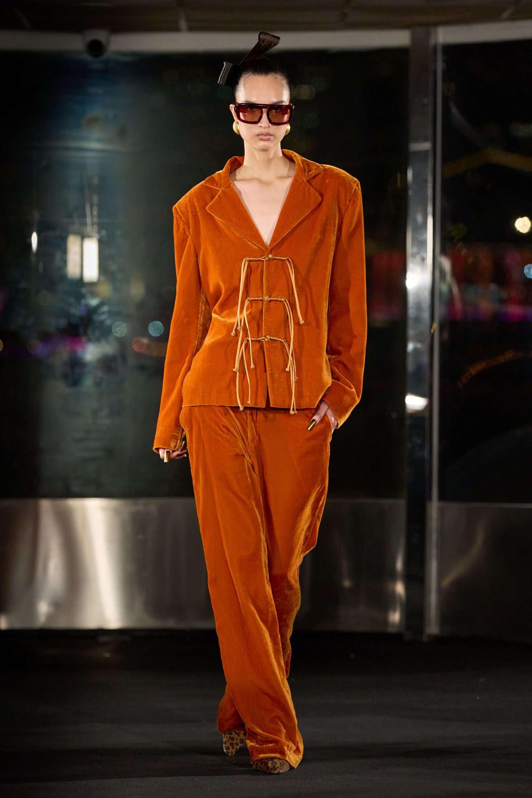 orange velvet long-sleeve collared relaxed zippered blazer