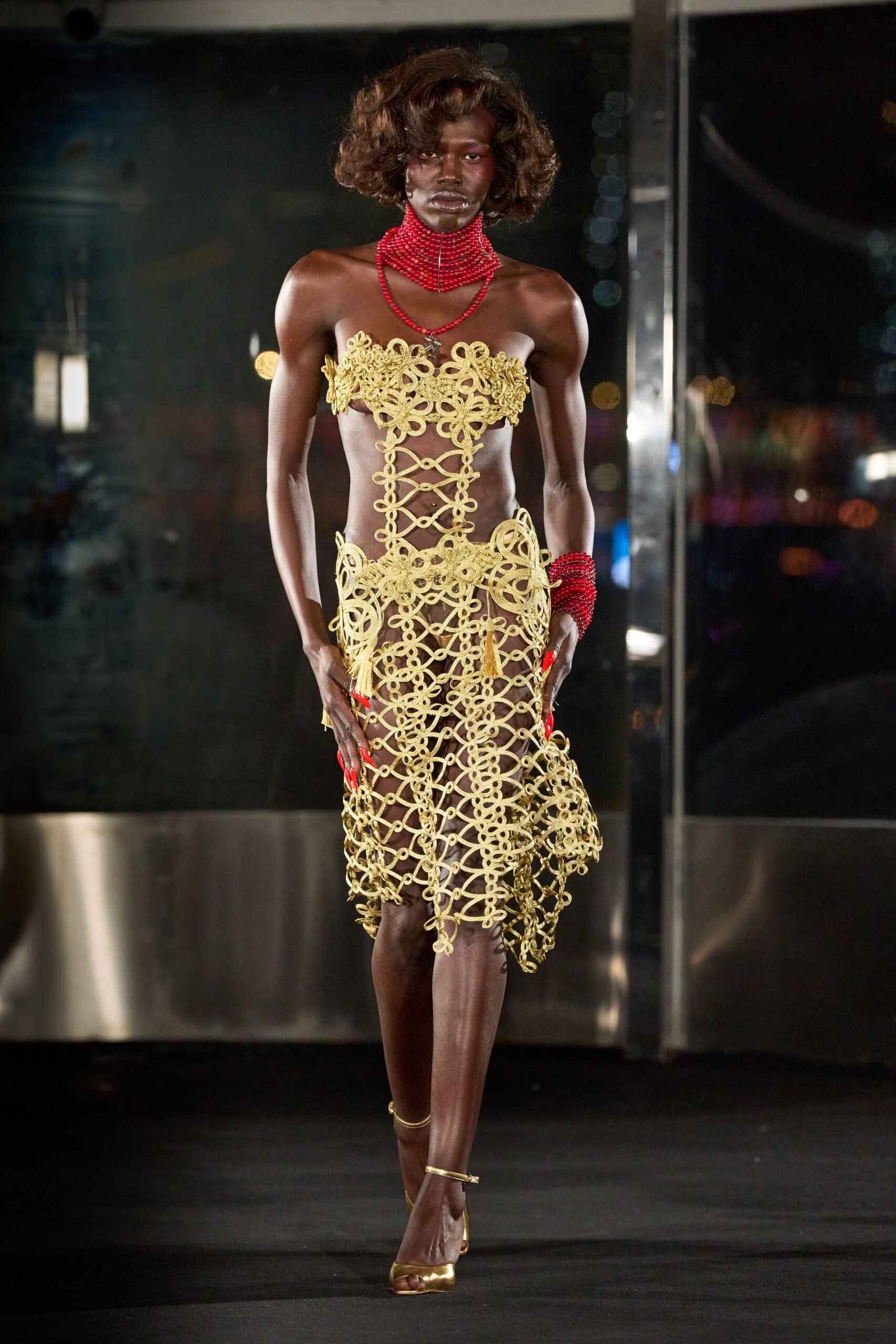 yellow lace sleeveless v-neck fitted layered embroidered dress