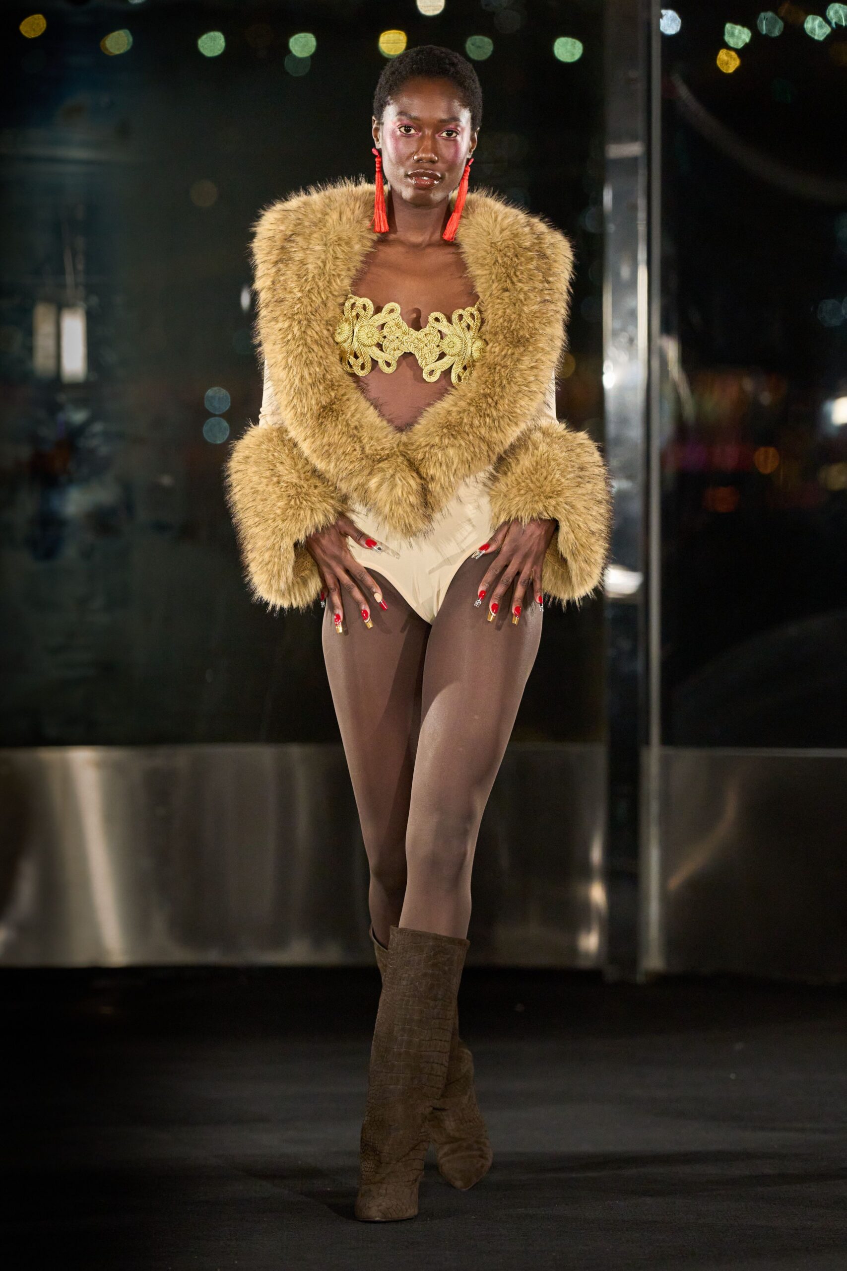 brown fur coat beige bodysuit
