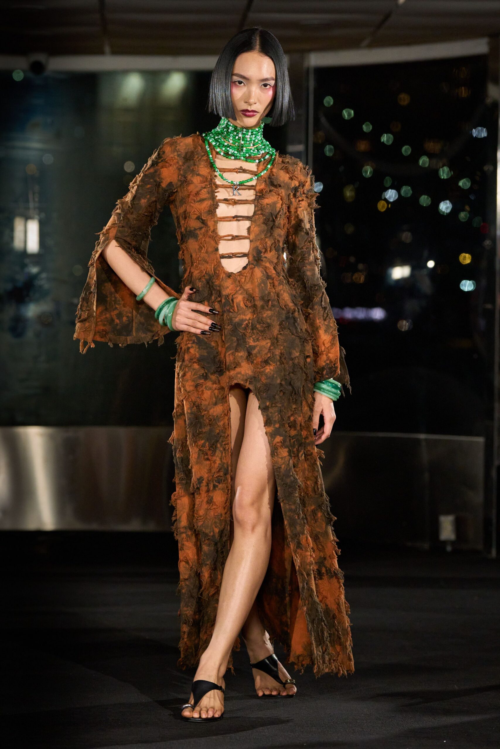 brown fringed maxi dress with sandals