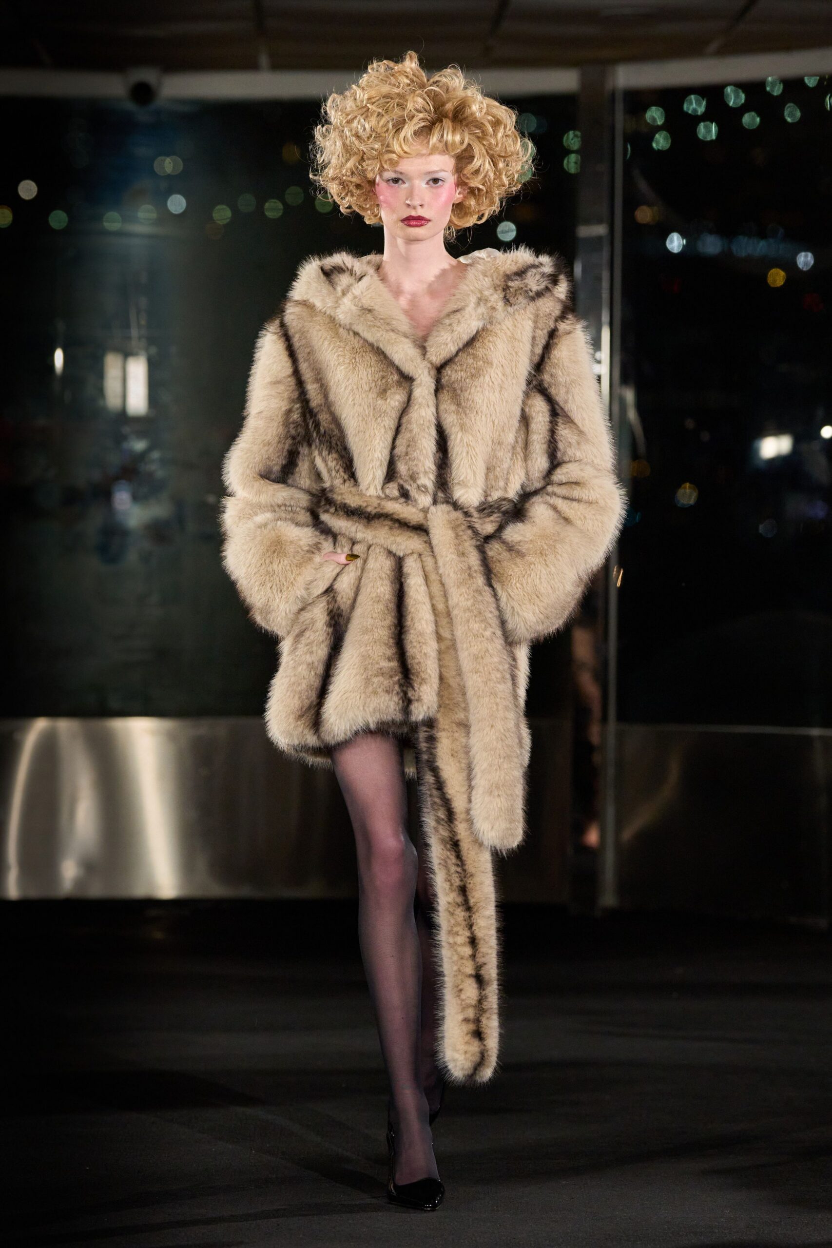 beige faux-fur belted coat