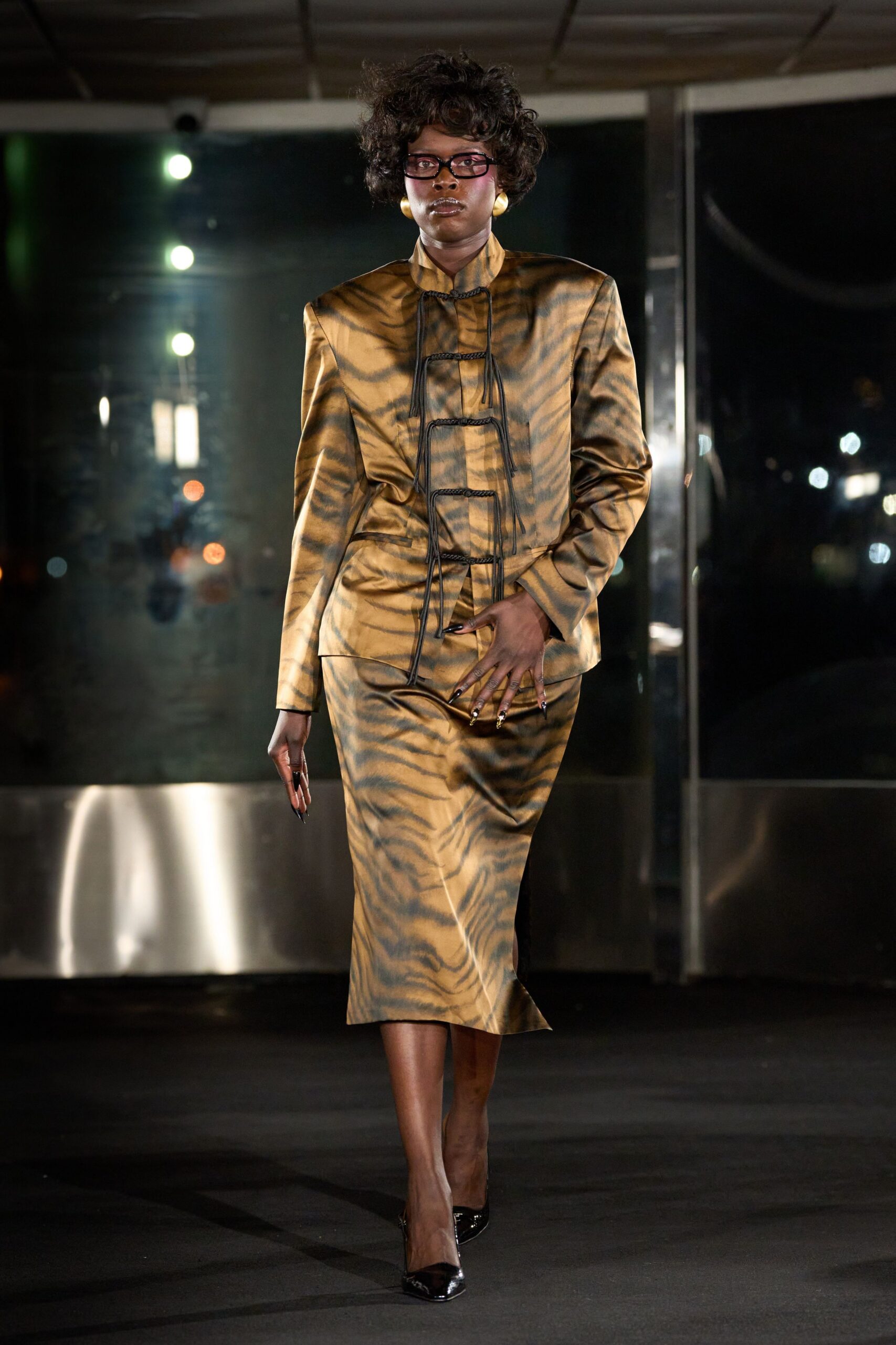 brown silk long-sleeve collared fitted printed midi dress