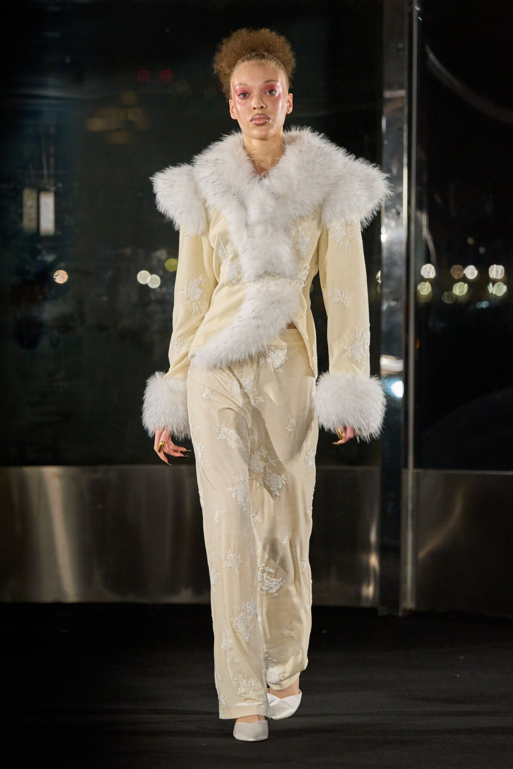 yellow silk long-sleeve collared fitted embroidered layered jacket