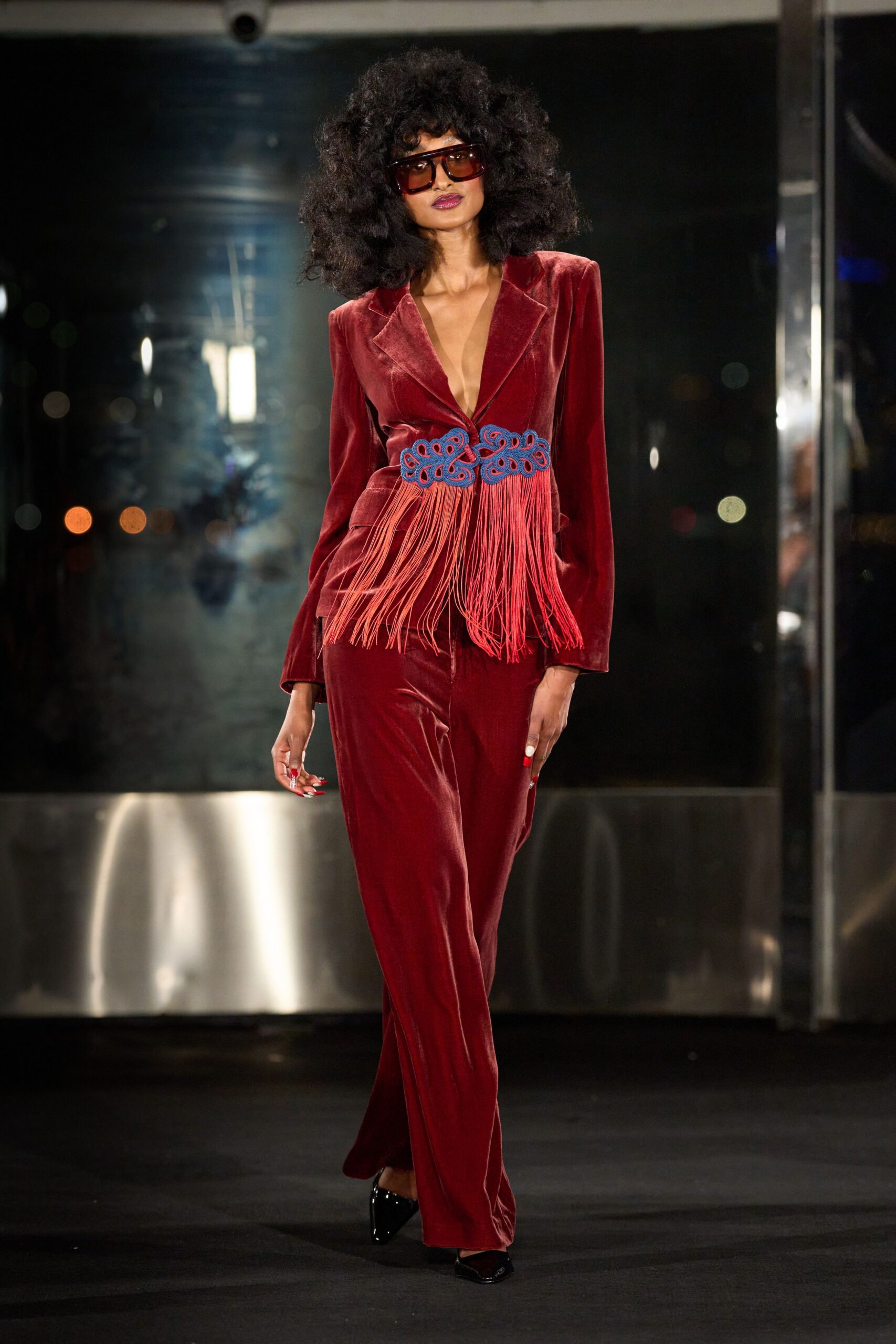 red velvet long-sleeve v-neck fitted fringed belted suit