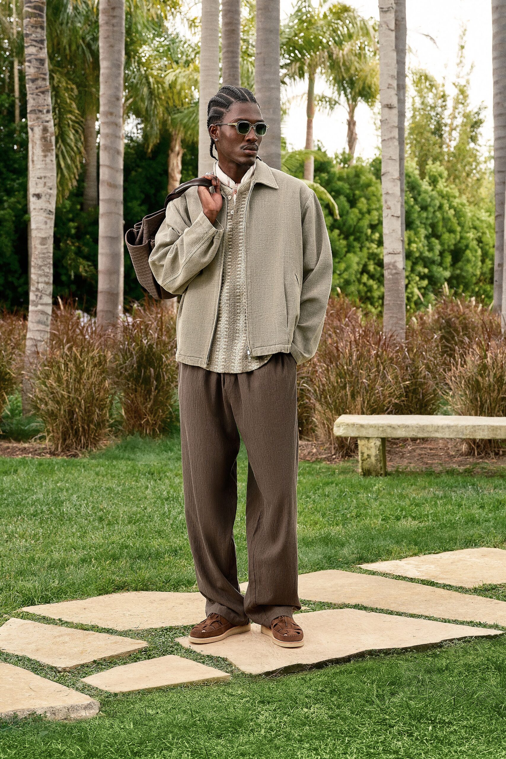 brown cotton relaxed pleated pants