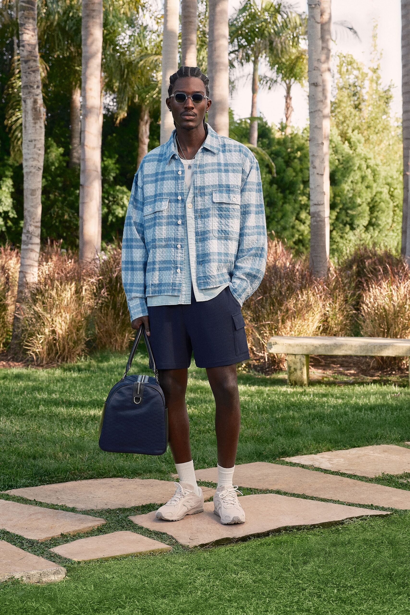 blue cotton long-sleeve collared relaxed checked jacket