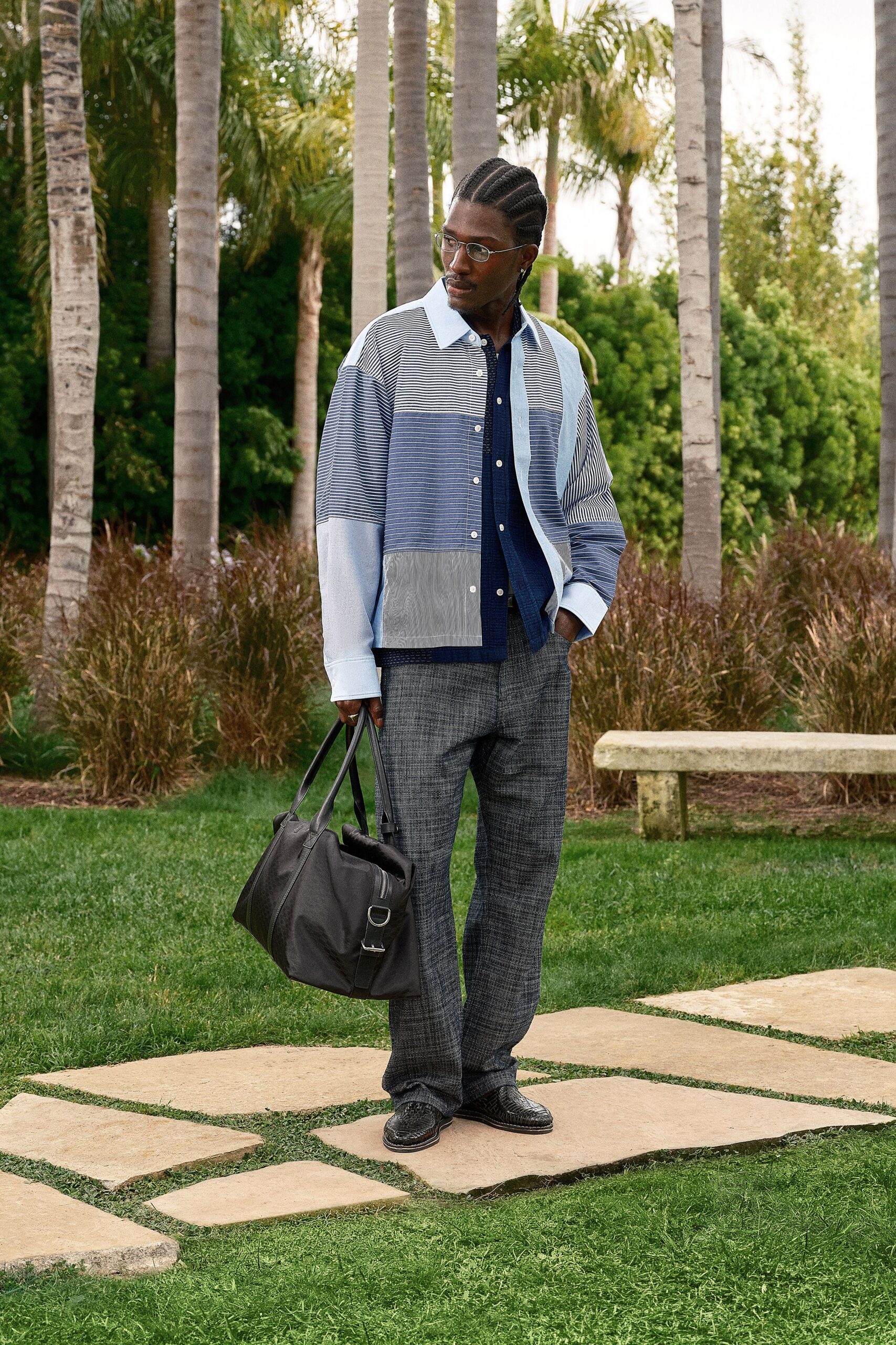 blue cotton long-sleeve collared relaxed color-blocked jacket