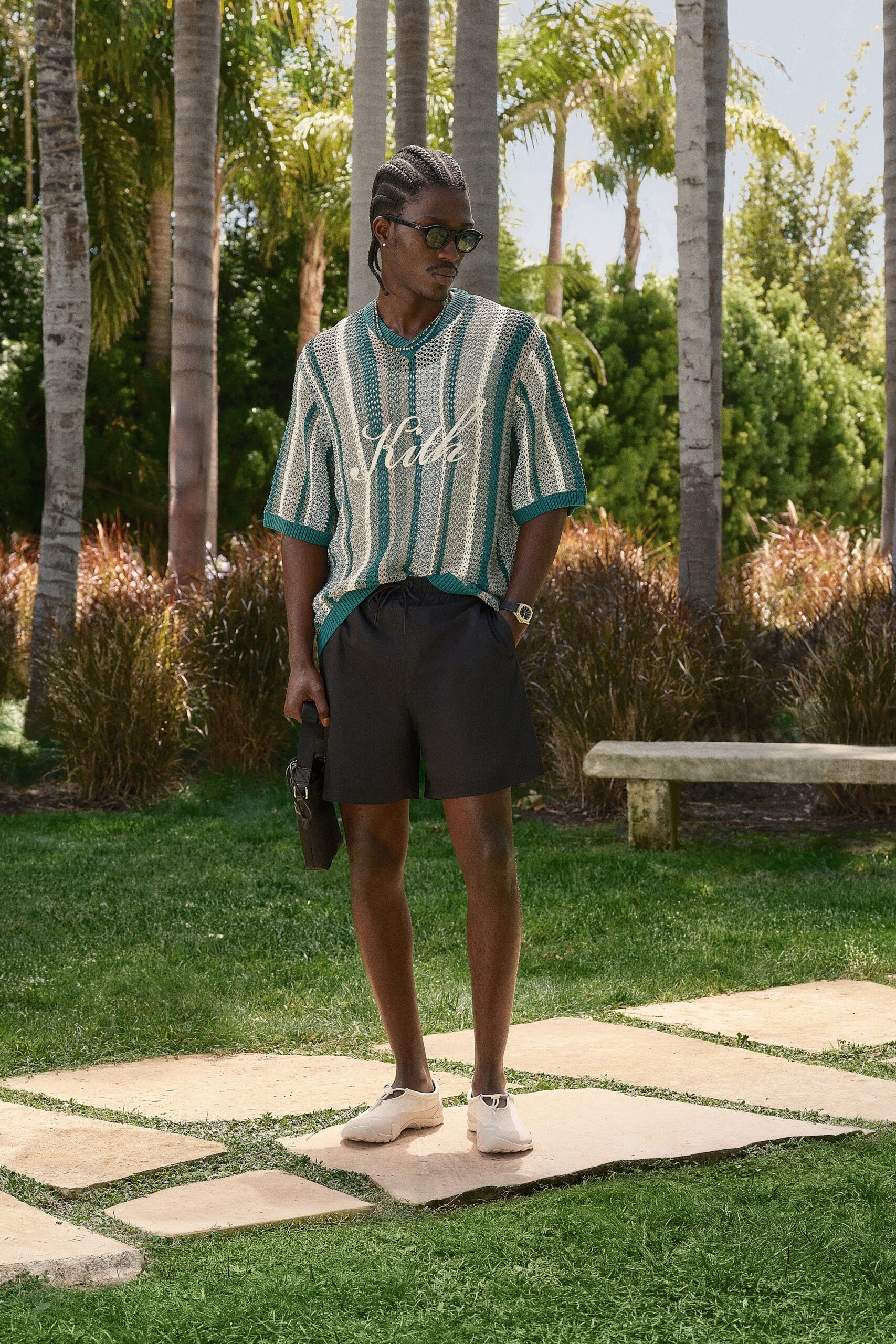 green cotton short-sleeve collared relaxed striped shirt