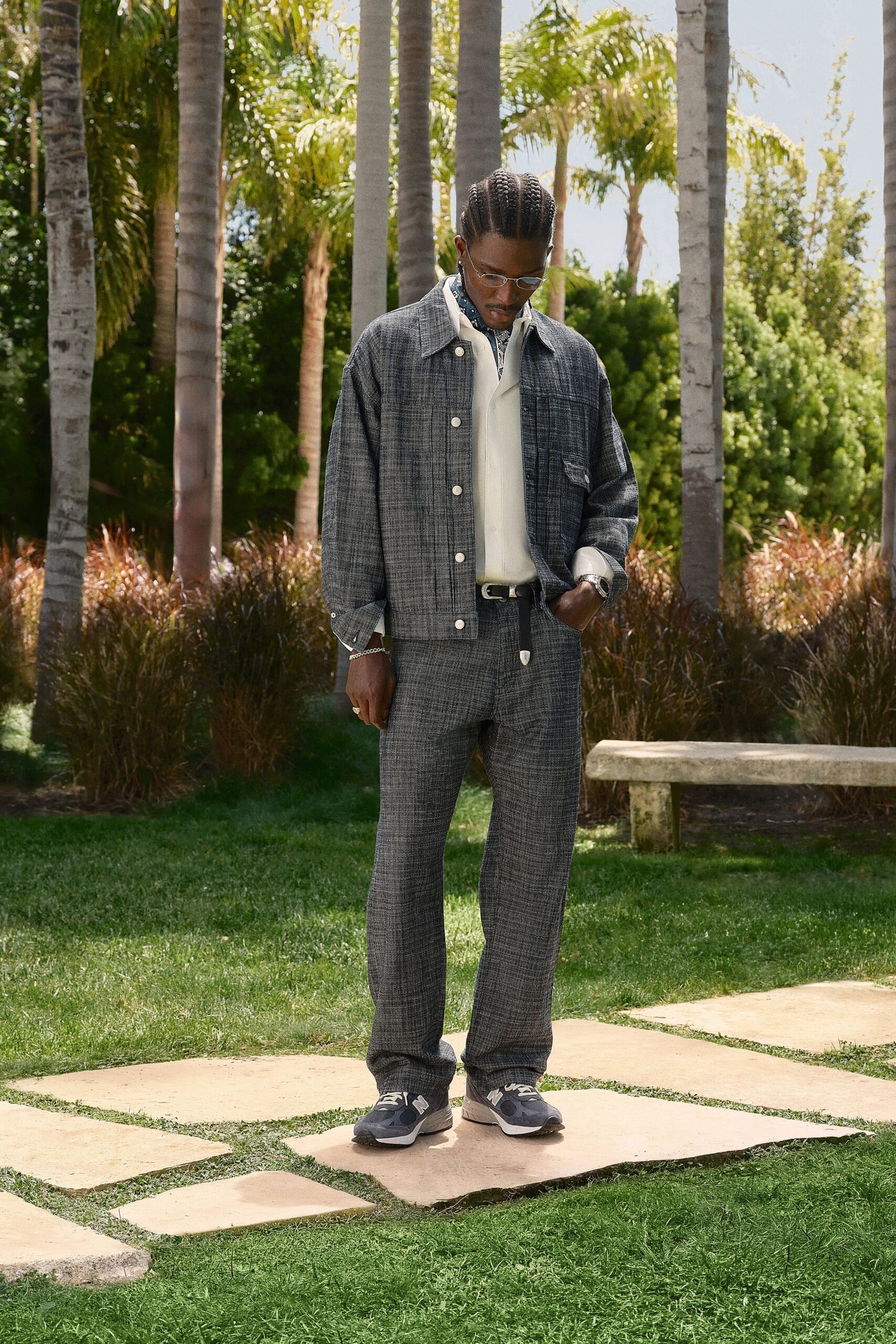 gray cotton long-sleeve collared relaxed checked jacket