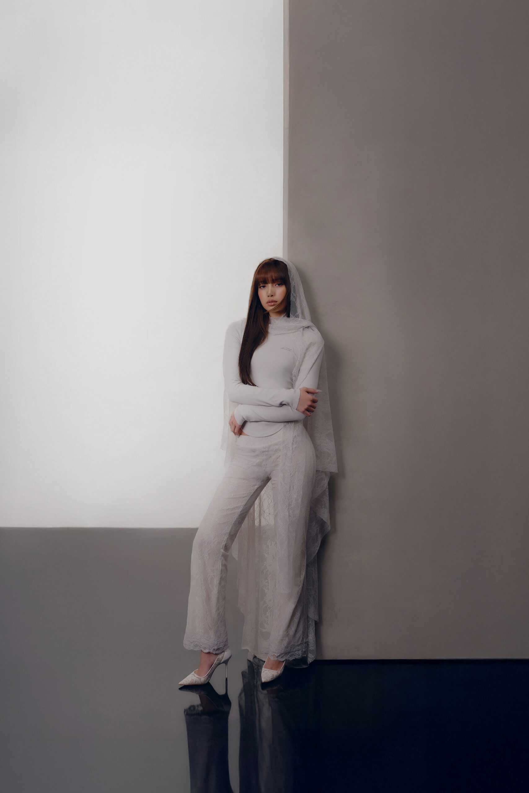 white lace fitted flared pants