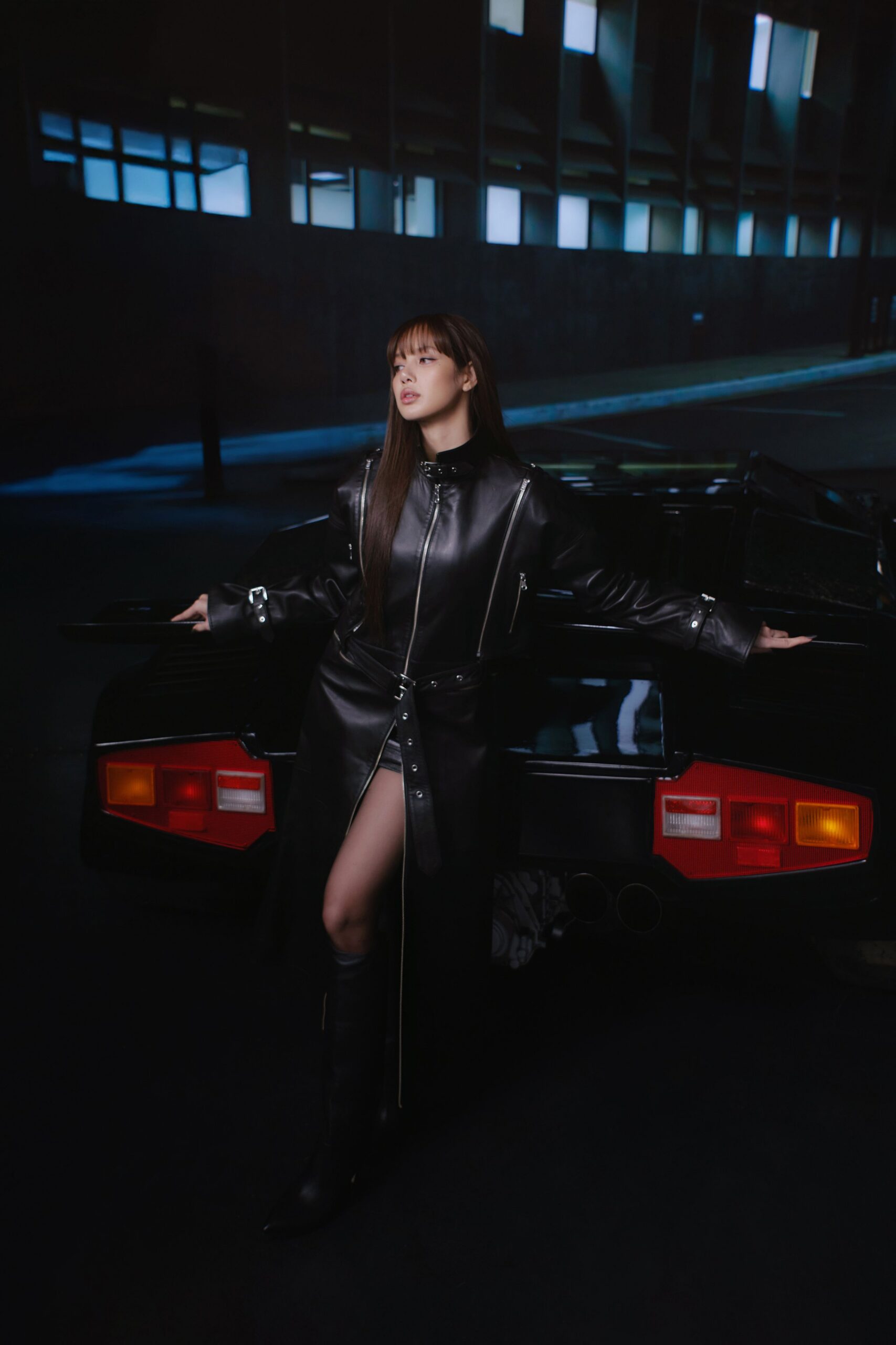 black leather long-sleeve v-neck fitted zippered belted dress