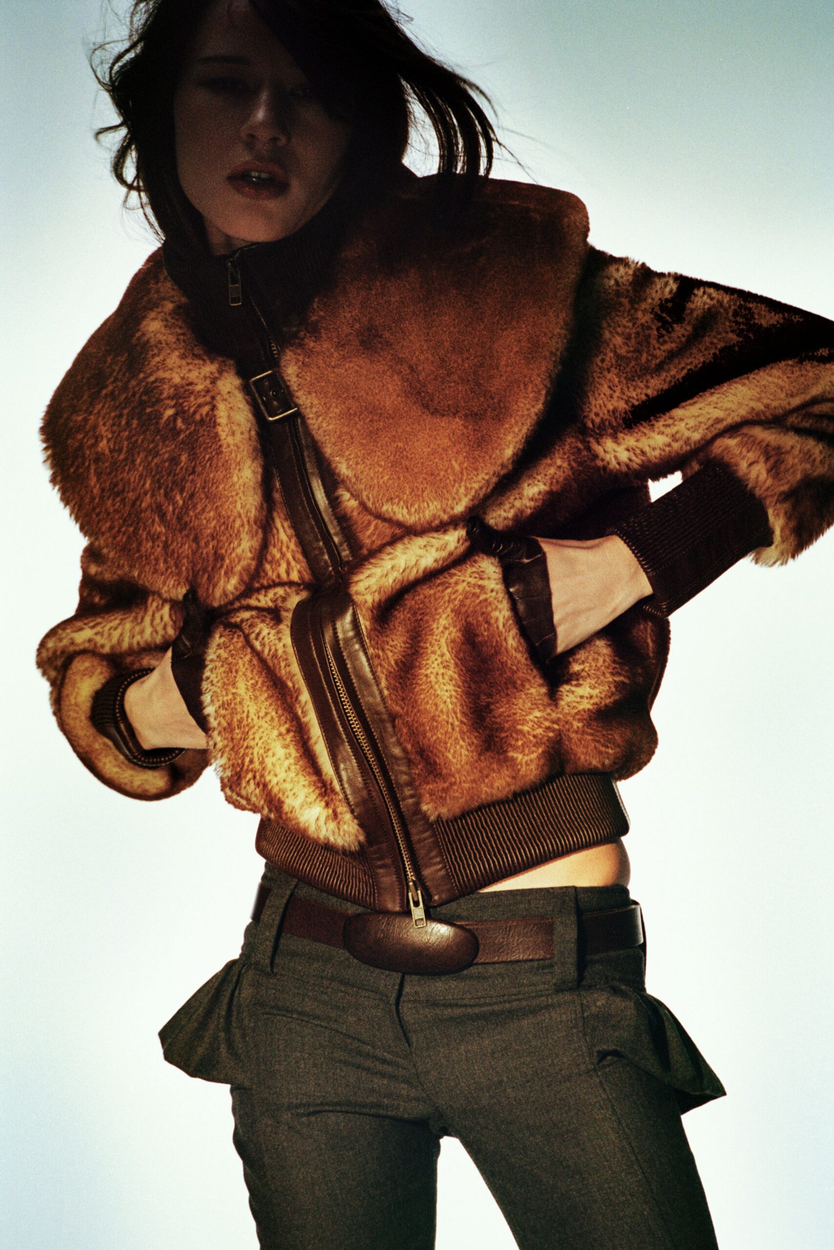 brown fur long-sleeve collared fitted zippered jacket