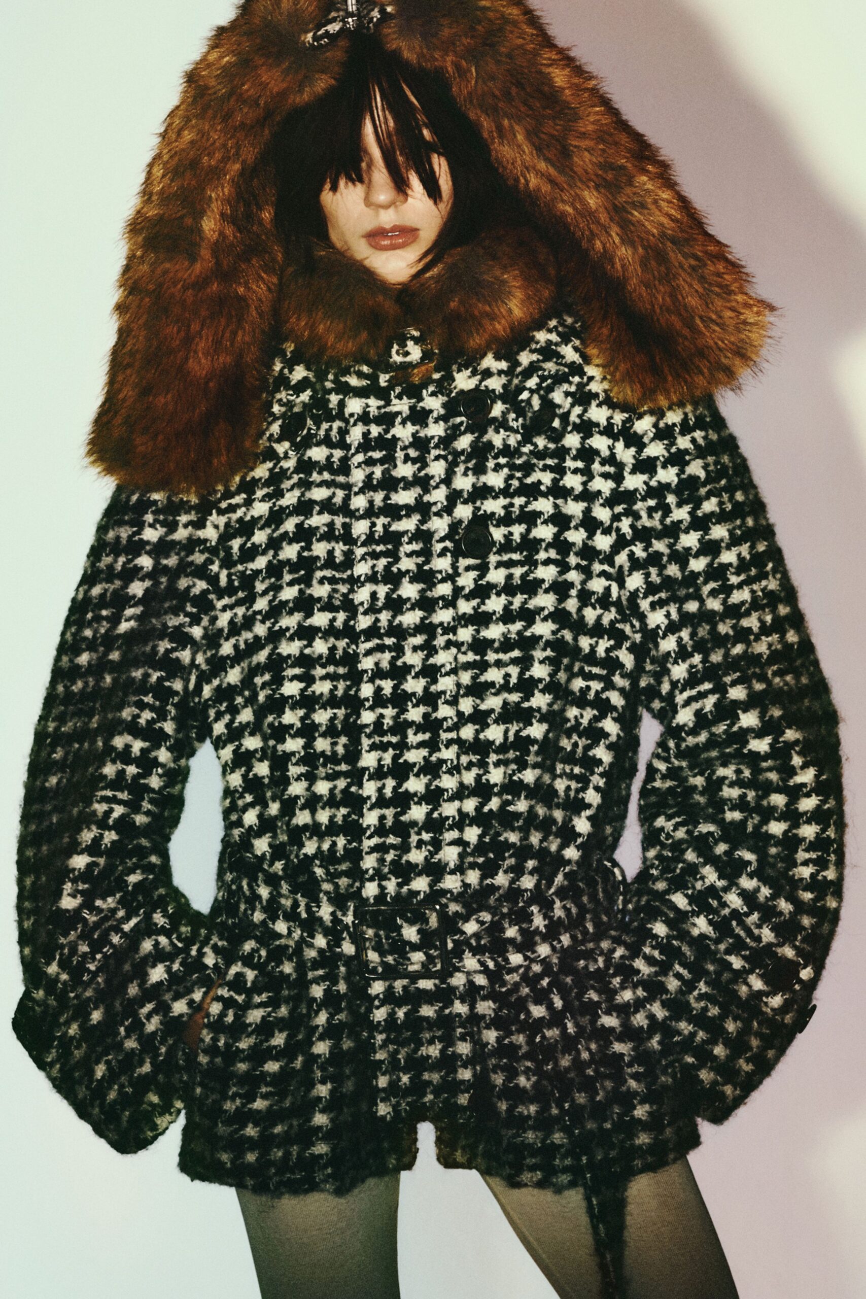 black wool long-sleeve collared relaxed checked belted coat