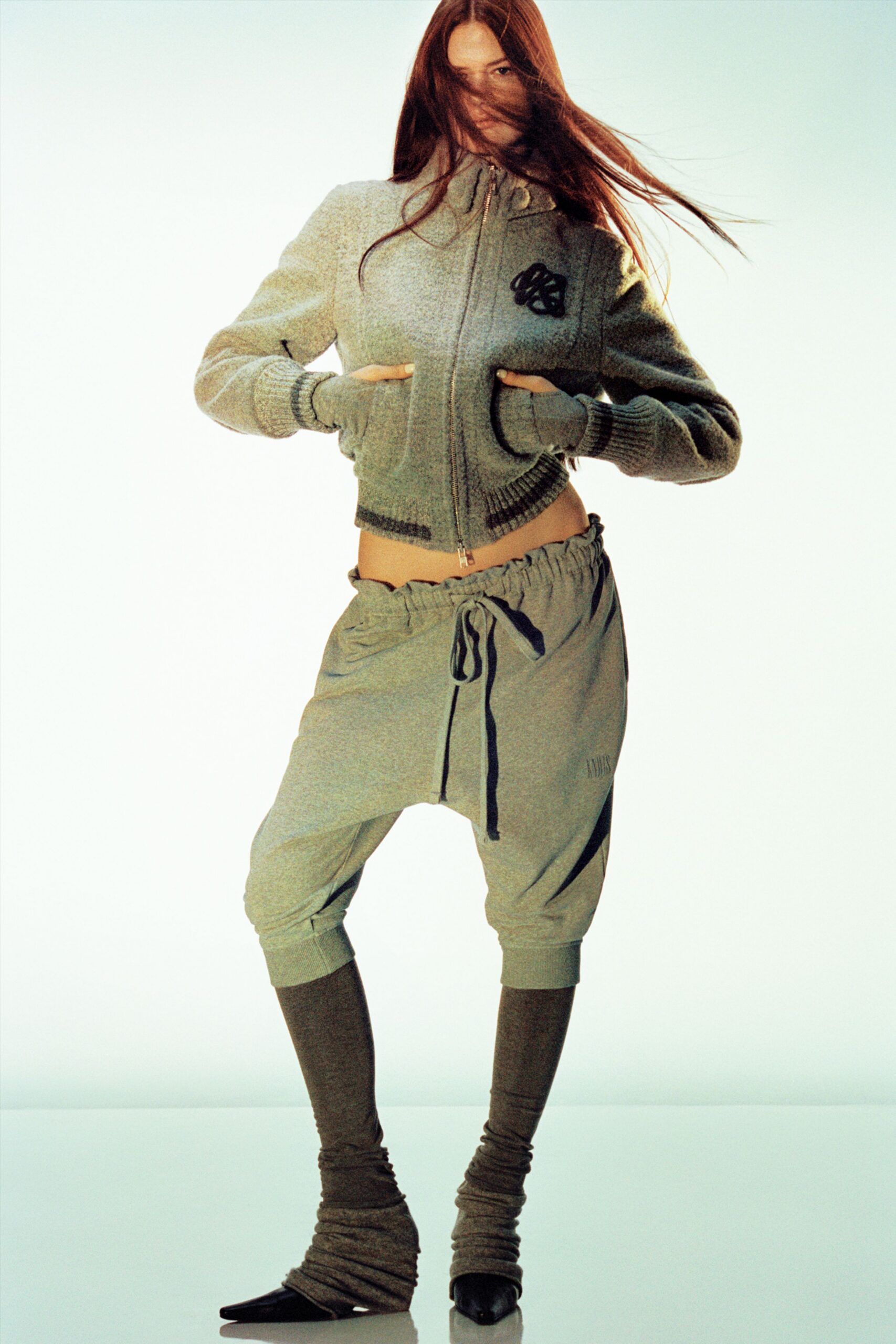 gray cotton relaxed high-waisted draped pants